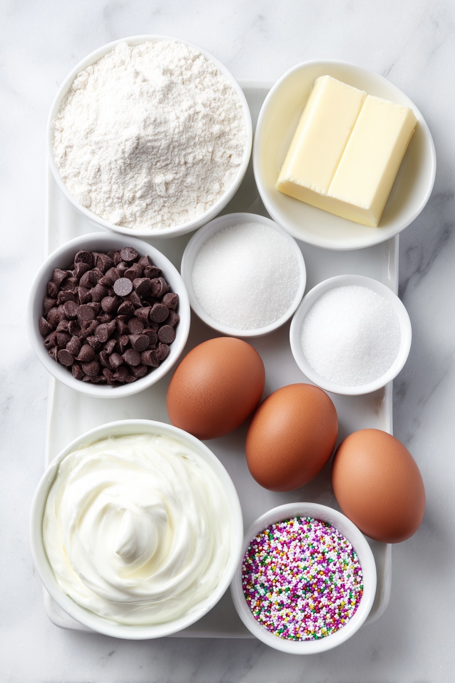 Chocolate Thumbprint Cookies with Ganache, decadent chocolate thumbprint cookies, easy chocolate cookies with ganache, soft cocoa thumbprint cookies, foolproof chocolate cookie recipe - Flat lay of a small mound of all-purpose flour, a small heap of Dutch-process cocoa powder, a pinch of fine salt, a small pile of baking powder, a chunk of unsalted butter softened to room temperature, a small heap of packed light brown sugar, a small pile of granulated white sugar, two whole uncracked brown eggs with clean shells, a small white ceramic bowl of vanilla bean paste, a small white ceramic bowl filled with semi-sweet chocolate chips, a small white ceramic bowl containing heavy whipping cream, and a small mound of colorful nonpareil sprinkles arranged symmetrically on a clean white ceramic plate, placed on a clean white marble surface, soft natural light, photo taken with an iPhone, professional food photography style, fresh ingredients, white ceramic bowls, no bottles, no duplicates, no utensils, no packaging --ar 2:3 --v 7 --p m7354615311229779997