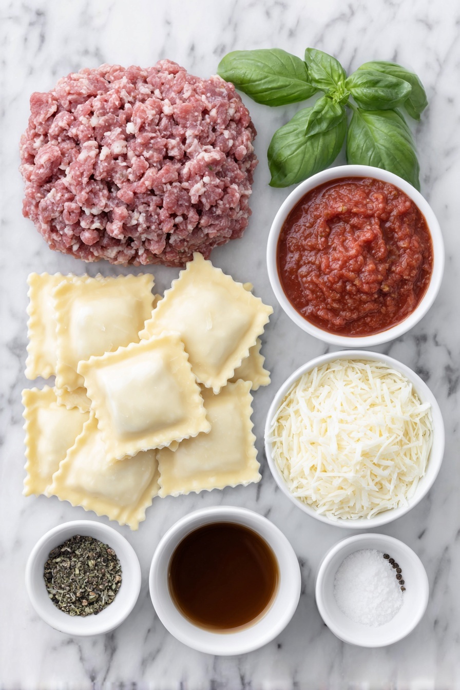 Cheese Ravioli Soup, cheesy ravioli soup, hearty ravioli soup, comforting soup recipes, EASY cheese ravioli soup - Flat lay of fresh mini cheese ravioli, a small mound of raw ground beef, a few fresh basil leaves, a small white ceramic bowl of vibrant red tomato paste, a small white ceramic bowl filled with crushed tomatoes, a small white ceramic bowl of rich brown beef broth, a small white ceramic bowl of grated parmesan cheese, and small white ceramic bowls containing salt, black peppercorns, dried oregano, and garlic powder arranged symmetrically, placed on a clean white marble surface, soft natural light, photo taken with an iPhone, professional food photography style, fresh ingredients, white ceramic bowls, no bottles, no duplicates, no utensils, no packaging --ar 2:3 --v 7 --p m7354615311229779997