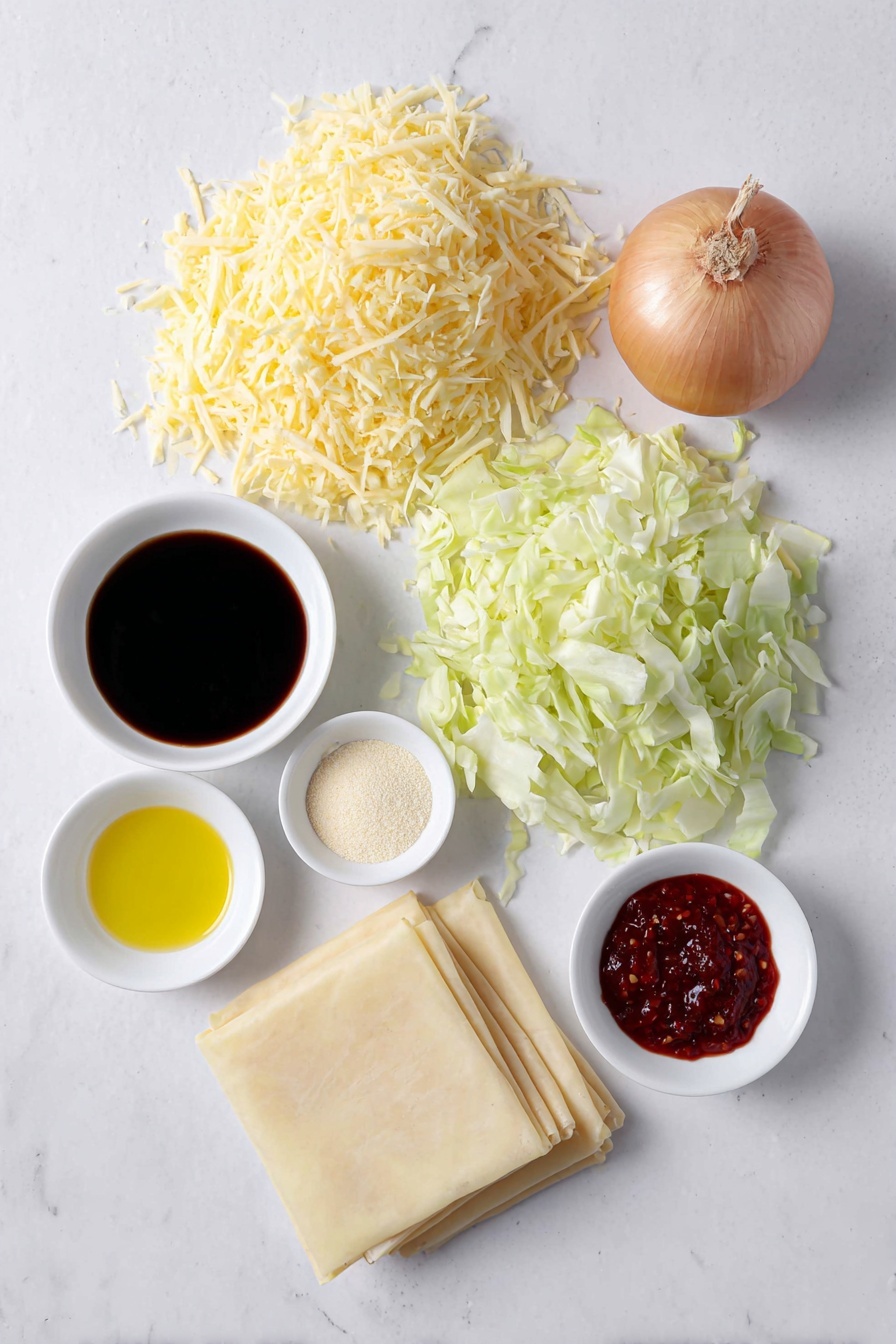 Vegetable Spring Rolls with Crispy Wrapper, vegetarian spring rolls, healthy spring roll recipe, crispy veggie spring rolls, easy spring roll ideas - Flat lay of a small mound of freshly peeled and coarsely grated sweet potato, finely sliced quarter green cabbage, a whole brown onion unpeeled, a few teaspoons of garlic powder and onion powder neatly placed side by side, a small white bowl filled with dark vegetarian oyster sauce, another small white bowl with light soy sauce, a third small white bowl containing vegetarian fish sauce, a neat stack of thin, translucent spring roll wrappers arranged in a perfect square, a small white bowl with golden canola oil, and a small white bowl holding vibrant red sweet chili sauce, all arranged in perfect symmetry on a clean white marble surface, soft natural light, photo taken with an iPhone, professional food photography style, fresh ingredients, white ceramic bowls, no bottles, no duplicates, no utensils, no packaging --ar 2:3 --v 7 --p m7354615311229779997