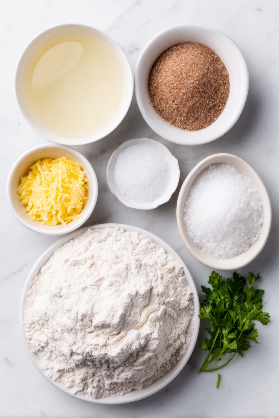 Soft Pretzel Bites, Soft Pretzel Bites Recipe, Easy Pretzel Bites, Chewy Pretzel Bites, Homemade Pretzel Snacks - Flat lay of a small bowl of warm water, a few golden strands of active dry yeast, a small white bowl with light brown granulated sugar, a small mound of fine white salt, a small white bowl holding melted unsalted butter, a neat pile of all-purpose flour with a light dusting on the surface nearby, a small white bowl of coarse sea salt crystals, a small white ceramic bowl filled with coarse baking soda powder, and a few fresh sprigs of green parsley placed simply beside these ingredients, all arranged in perfect symmetry on a clean white marble surface, soft natural light, photo taken with an iPhone, professional food photography style, fresh ingredients, white ceramic bowls, no bottles, no duplicates, no utensils, no packaging --ar 2:3 --v 7 --p m7354615311229779997