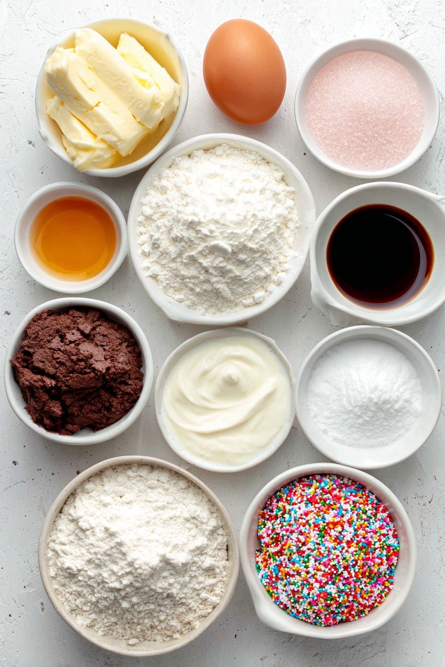 Frosted Sugar Cookies, soft sugar cookies with frosting, easy sugar cookie recipe, homemade frosted sugar cookies, classic cookie recipes - Flat lay of a small white ceramic bowl of softened unsalted butter, a small bowl of granulated sugar, a small bowl of powdered sugar, one whole clean brown egg, a small bowl of vegetable oil, a small bowl of vanilla extract, a small bowl of almond extract, a neat pile of all-purpose flour, a small mound of cornstarch, a small pile of baking powder, a small heap of salt, a small white bowl of milk, and a neat pile of colorful sprinkles, all arranged symmetrically on a clean white marble surface, soft natural light, photo taken with an iPhone, professional food photography style, fresh ingredients, white ceramic bowls, no bottles, no duplicates, no utensils, no packaging --ar 2:3 --v 7 --p m7354615311229779997