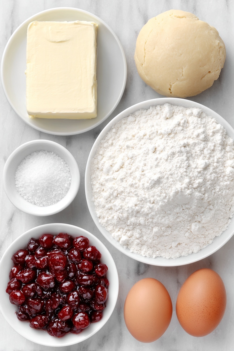 Cherry Cheesecake Cookies, Cherry Cheesecake Cookies recipe, easy cherry cheesecake cookies, no-bake cherry cheesecake cookies, fruity cheesecake cookie treats - Flat lay of a block of fresh cream cheese, a small mound of all-purpose flour on a white ceramic plate, a ball of pale beige refrigerated sugar cookie dough, a small white bowl filled with bright red cherry pie filling with whole cherries visible, a small white bowl containing granulated sugar crystals, two whole brown eggs with clean shells placed near the center, all arranged in perfect symmetry on a simple white ceramic surface, placed on a clean white marble surface, soft natural light, photo taken with an iPhone, professional food photography style, fresh ingredients, white ceramic bowls, no bottles, no duplicates, no utensils, no packaging --ar 2:3 --v 7 --p m7354615311229779997