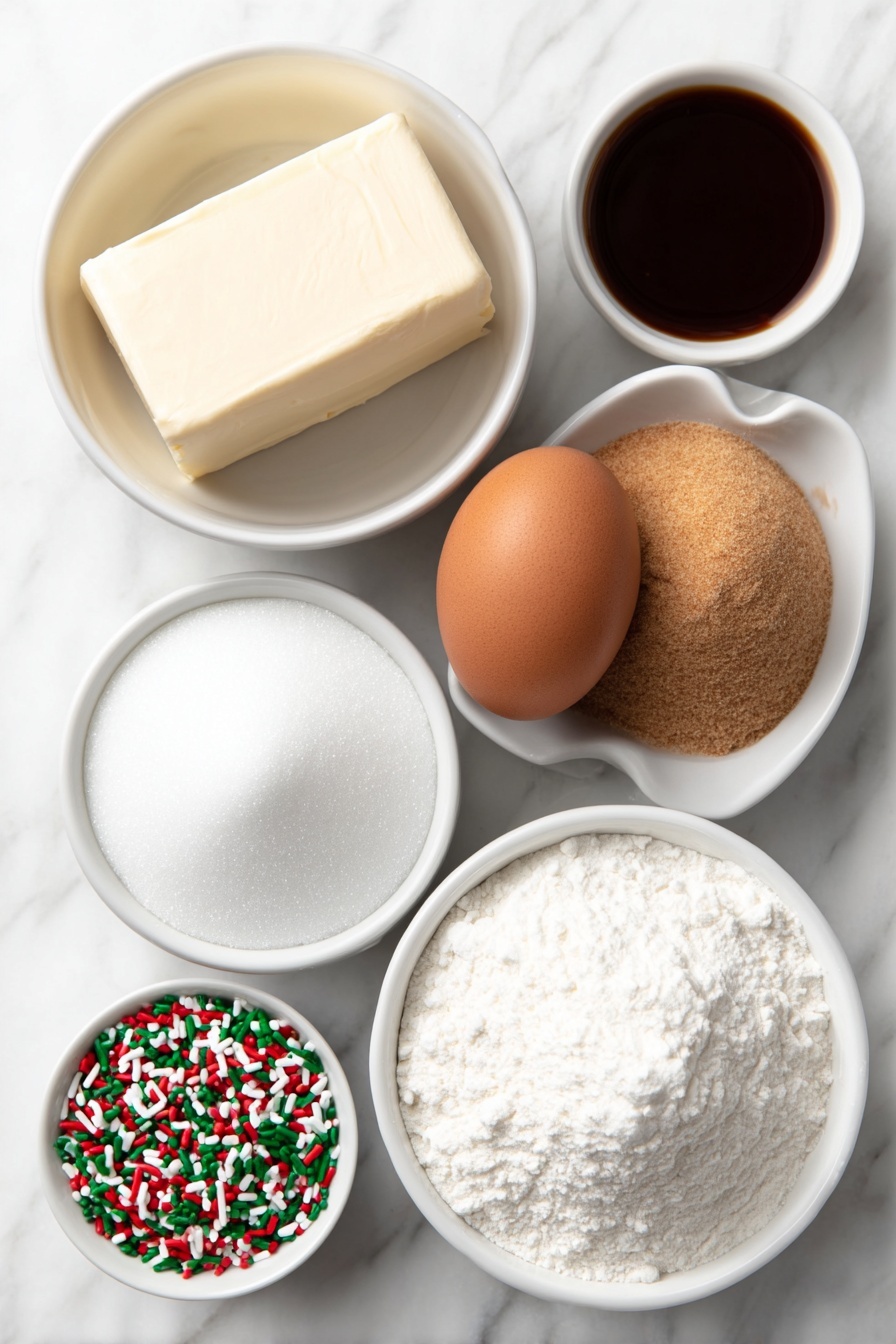 No-Roll Christmas Sprinkle Cookies, easy holiday cookies, festive Christmas cookies, no-bake Christmas treats, colorful sprinkle cookies - Flat lay of a small mound of unsalted butter, a small white ceramic bowl of granulated sugar, a small white ceramic bowl of packed light brown sugar, one large uncracked brown egg, a small white ceramic bowl of cream, a small white ceramic bowl of clear imitation vanilla extract, a small white ceramic bowl of all-purpose flour, a small white ceramic bowl of cornstarch, a small white ceramic bowl of baking soda, a small white ceramic bowl of salt, a small white ceramic bowl filled with red, green, and white jimmies sprinkles, all arranged symmetrically on a clean white marble surface, soft natural light, photo taken with an iPhone, professional food photography style, fresh ingredients, white ceramic bowls, no bottles, no duplicates, no utensils, no packaging --ar 2:3 --v 7 --p m7354615311229779997