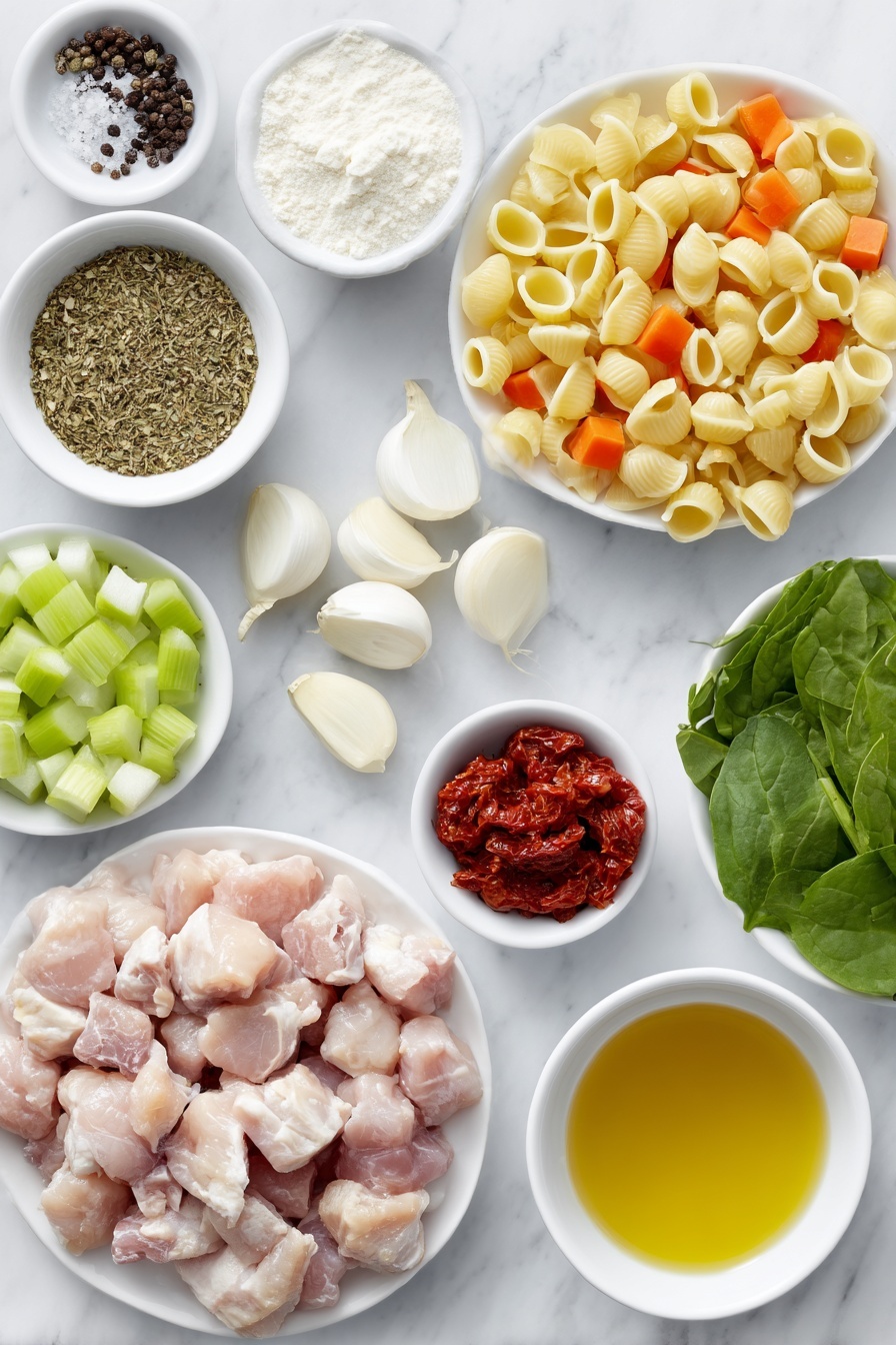 Creamy Tuscan Chicken Soup, creamy Tuscan chicken recipes, easy Tuscan chicken soup, comforting chicken soup, Italian chicken soup - Flat lay of a small white ceramic bowl of golden olive oil, a pile of fresh boneless, skinless chicken thighs cut into chunks, a small white bowl filled with mixed Italian seasoning herbs, a small mound of coarse sea salt, a small heap of black peppercorns, a simple white plate with diced bright orange carrots, diced pale green celery sticks, diced white onions, and diced deep red sundried tomatoes arranged neatly, three whole uncracked garlic cloves with clean white skins, a small white bowl containing fine white flour, a small white bowl with rich red tomato paste, a simple white bowl showing golden chicken broth, a small white dish heaped with uncooked Italian small shell pasta, a small white bowl of thick heavy whipping cream, a white plate sprinkled with grated parmesan reggiano cheese, and a handful of vibrant fresh green spinach leaves, all placed on a clean white marble surface, soft natural light, photo taken with an iPhone, professional food photography style, fresh ingredients, white ceramic bowls, no bottles, no duplicates, no utensils, no packaging --ar 2:3 --v 7 --p m7354615311229779997