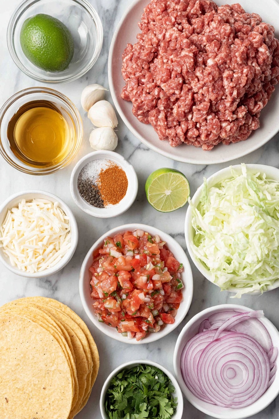 Crispy Baked Beef Tacos with Chipotle Crema, baked beef tacos, crispy taco recipes, easy taco ideas, flavorful beef tacos - Flat lay of a small white ceramic bowl with golden canola oil, a mound of raw lean ground beef, a small white bowl filled with vibrant orange-brown taco seasoning powder, three peeled whole garlic cloves, a whole fresh lime cut in half showing bright green flesh, a small white bowl holding finely diced green chiles, a small white bowl of coarse salt and whole black peppercorns, a neat pile of shredded colby jack cheese with white and yellow hues, a stack of yellow corn tortillas with a smooth texture, a small white bowl of thick Mexican crema, two whole chipotle peppers with deep red color and wrinkled skin, a small white bowl with clear golden honey, a small white bowl containing freshly chopped bright green cilantro leaves, finely shredded crisp light green lettuce, a small white bowl of chunky red pico de gallo with diced tomatoes, onions, and green herbs, a small white bowl of creamy light green guacamole, and a small white bowl of thinly sliced pickled red onions with a vibrant magenta hue — all arranged in perfect symmetry and balanced proportions, placed on a clean white marble surface, soft natural light, photo taken with an iPhone, professional food photography style, fresh ingredients, white ceramic bowls, no bottles, no duplicates, no utensils, no packaging --ar 2:3 --v 7 --p m7354615311229779997