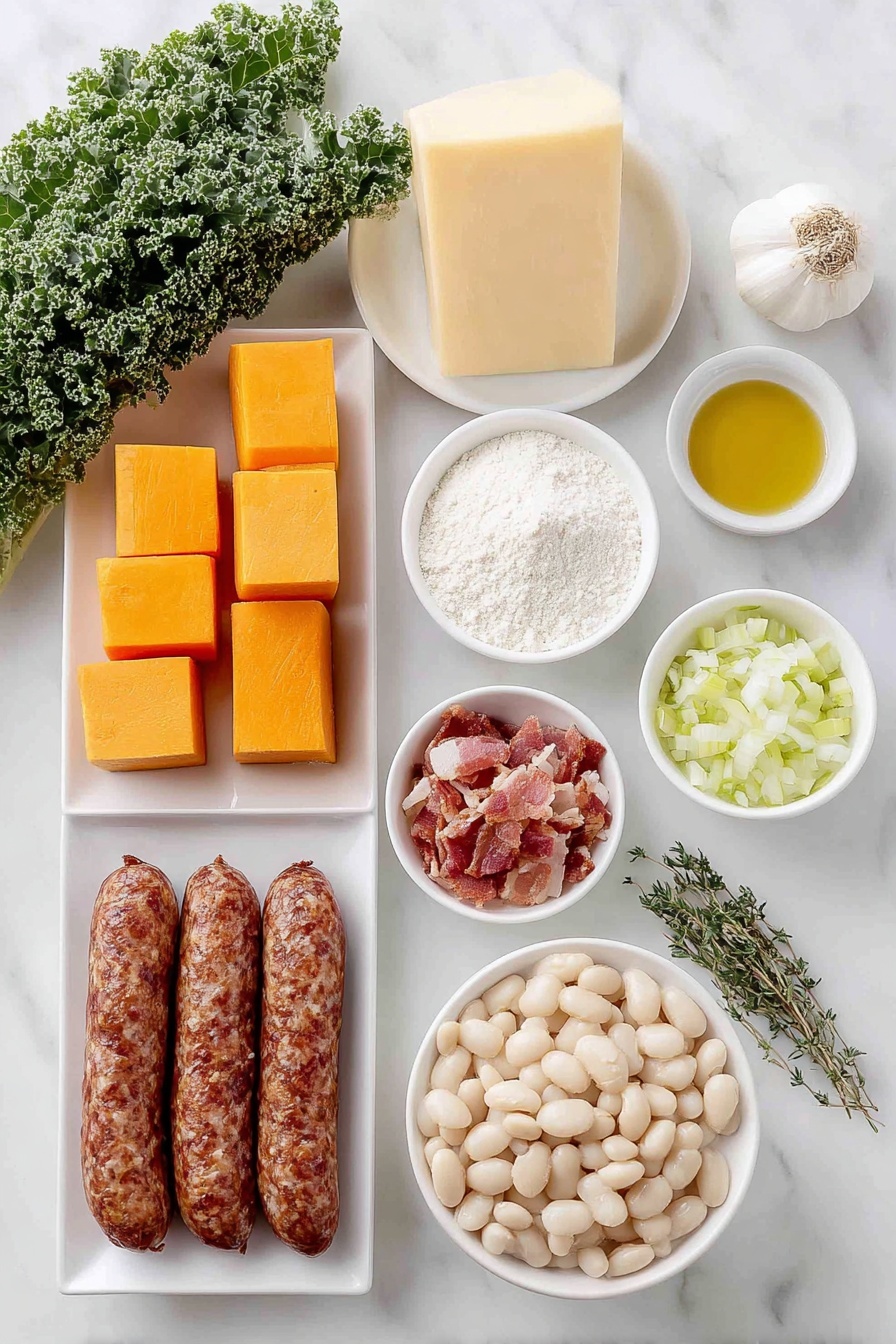 Creamy Butternut Squash and Kale Soup, hearty butternut squash soup, healthy kale soup, comforting squash soup with sausage, vegan kale butternut squash soup - Flat lay of peeled and cubed bright orange butternut squash, sliced browned chicken sausage links, a small white bowl of golden olive oil, a few sprigs of fresh green thyme, chopped crispy pale pink and white bacon pieces, a pat of creamy unsalted butter, a small chopped white onion, chopped light green celery ribs, three peeled garlic cloves, a small white bowl of all-purpose flour, a small white bowl of clear pale yellow dry white wine, a small white bowl of rich golden chicken stock, drained and rinsed creamy white cannellini beans in a simple white bowl, a small white bowl of smooth heavy cream, a fresh lemon with vibrant yellow zest, and a bunch of dark green dinosaur kale leaves roughly torn — all arranged with perfect symmetry on simple white ceramic plates and bowls, placed on a clean white marble surface, soft natural light, photo taken with an iPhone, professional food photography style, fresh ingredients, white ceramic bowls, no bottles, no duplicates, no utensils, no packaging --ar 2:3 --v 7 --p m7354615311229779997