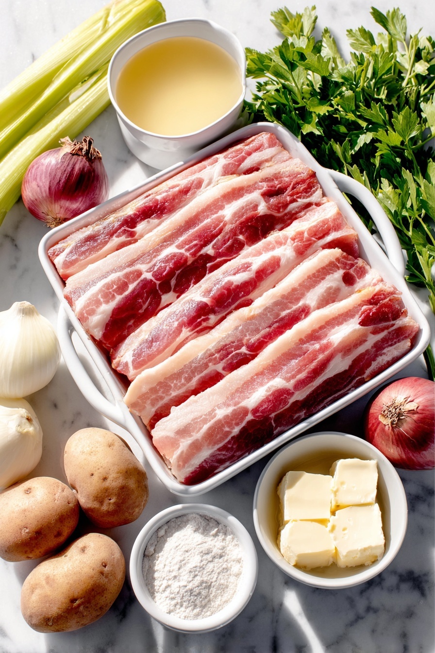 Creamy Clam Chowder, homemade clam chowder, easy clam chowder recipe, hearty seafood soup, comforting clam chowder - Flat lay of six uncooked bacon slices arranged neatly, two celery stalks with fresh green leaves, one whole shallot with purplish skin, one white onion with smooth skin, three unpeeled garlic cloves, three small red potatoes, peeled and cubed in a small white ceramic bowl, a small white bowl filled with chicken broth, a small white bowl containing half-and-half cream, a small white bowl with all-purpose flour, a few fresh flat-leaf parsley sprigs, one fresh bay leaf, and a small white bowl of clam juice, all placed on a clean white marble surface, soft natural light, photo taken with an iPhone, professional food photography style, fresh ingredients, white ceramic bowls, no bottles, no duplicates, no utensils, no packaging --ar 2:3 --v 7 --p m7354615311229779997