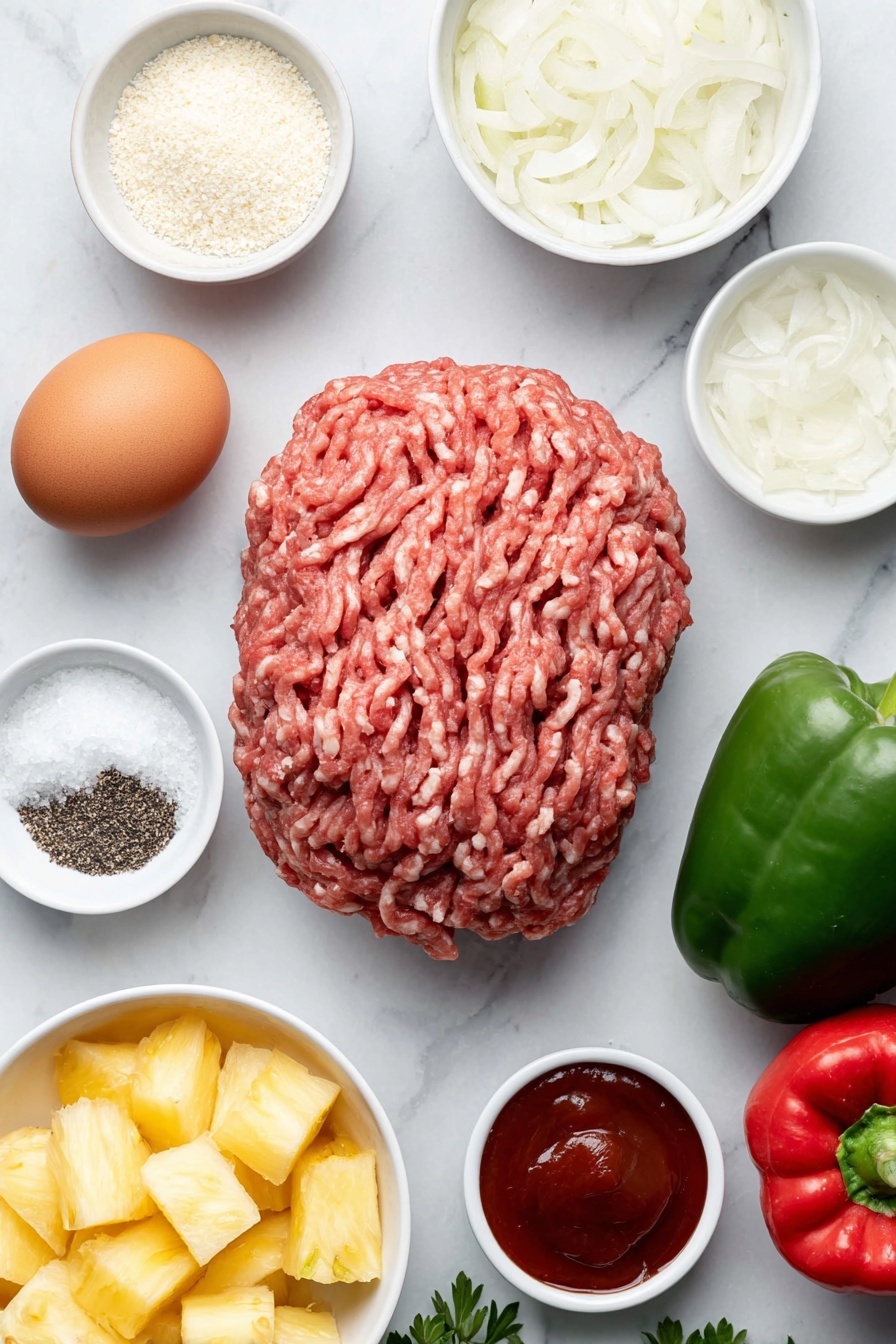 Sweet and Sour Meatball Kabobs, Sweet and Sour Meatballs, Meatball Skewers with Pineapple, Easy Sweet and Sour Kabobs, Summertime Meatball Recipes - Flat lay of a mound of fresh ground meat, one large whole brown egg, a small white ceramic bowl of panko breadcrumbs, a small white ceramic bowl of coarse sea salt, a small white ceramic bowl of freshly ground black pepper, a small white ceramic bowl with dried parsley, fresh ripe pineapple chunks, large green bell pepper chunks, large red bell pepper chunks, large yellow onion chunks, a small white ceramic bowl of apricot jam, a small white ceramic bowl of ketchup, a small white ceramic bowl of soy sauce, a small white ceramic bowl of apple cider vinegar, a small white ceramic bowl containing cornstarch dissolved in water, placed on a clean white marble surface, soft natural light, photo taken with an iPhone, professional food photography style, fresh ingredients, white ceramic bowls, no bottles, no duplicates, no utensils, no packaging --ar 2:3 --v 7 --p m7354615311229779997