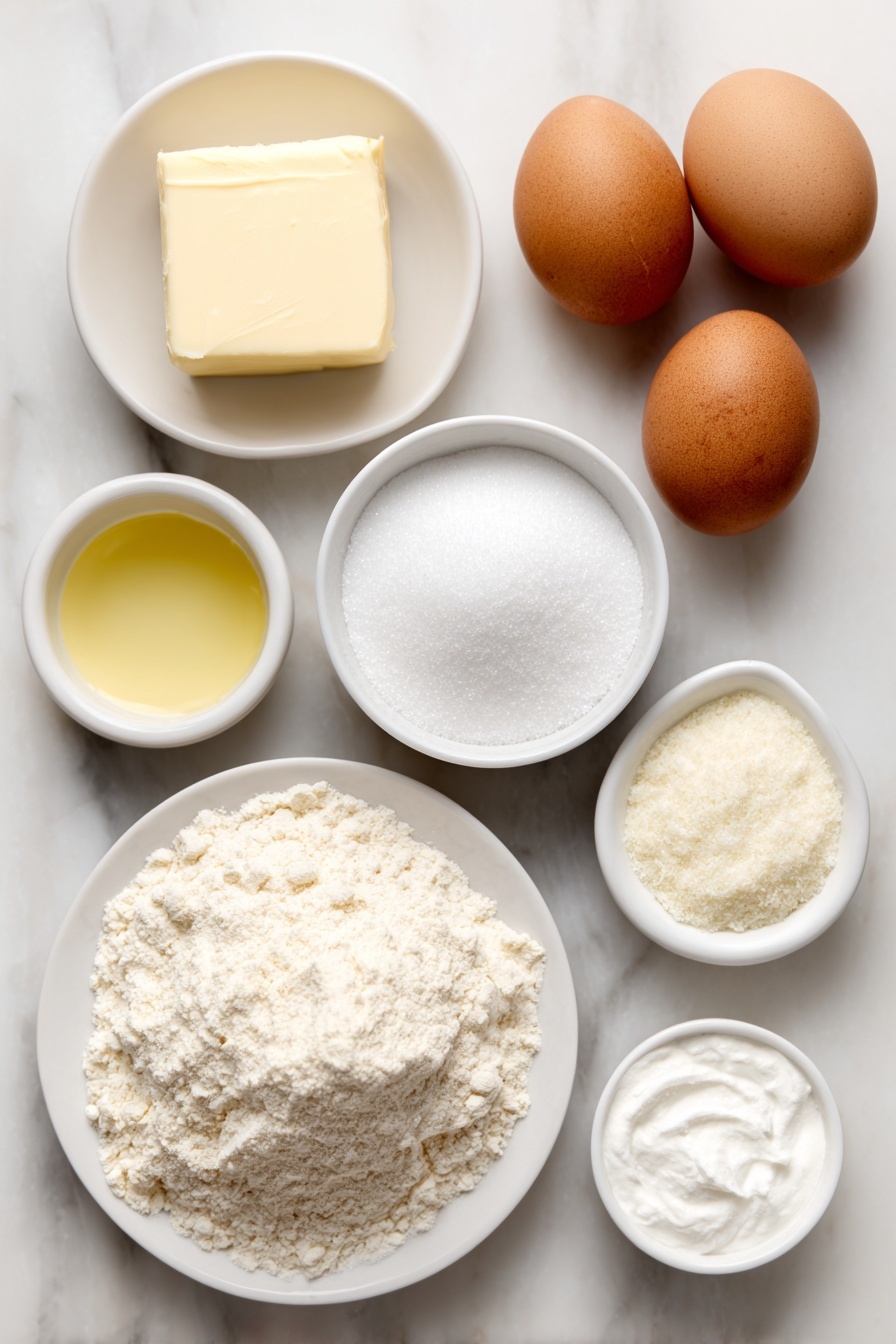 Amish Sugar Cookies, Amish Sugar Cookies Recipe, Buttery sugar cookies, Homemade Amish cookies, Easy sugar cookie recipe - Flat lay of a small square of pale yellow softened butter, a small white ceramic bowl filled with clear vegetable oil, a small white bowl heaped with white granulated sugar, a small white bowl containing fine white powdered sugar, two large whole eggs with smooth brown shells, a small white bowl of golden vanilla extract, a mound of light beige all-purpose flour on a white ceramic plate, a small white bowl with off-white baking soda powder, a small white bowl with white cream of tartar powder, all arranged symmetrically and balanced, placed on a clean white marble surface, soft natural light, photo taken with an iPhone, professional food photography style, fresh ingredients, white ceramic bowls, no bottles, no duplicates, no utensils, no packaging --ar 2:3 --v 7 --p m7354615311229779997