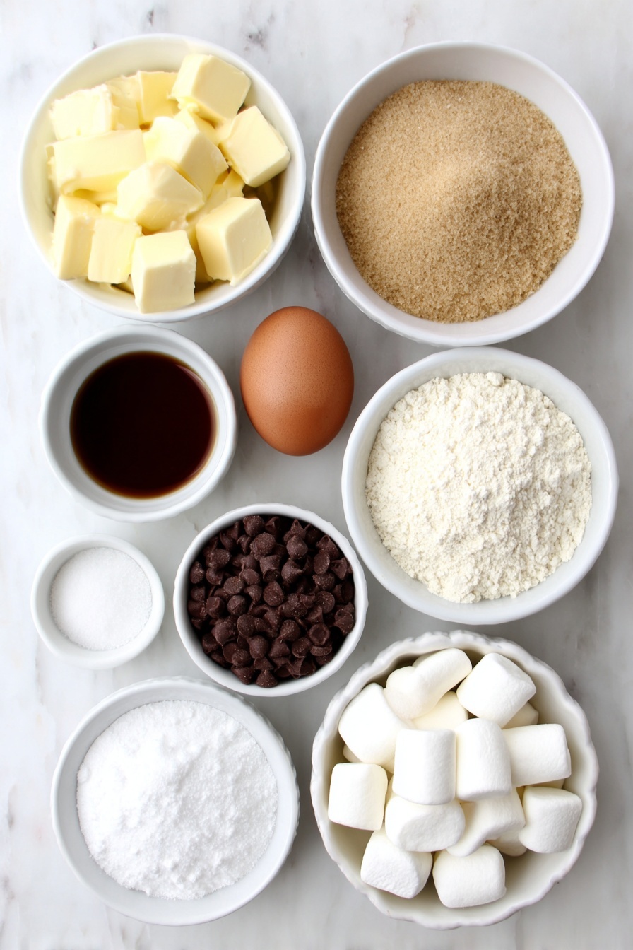 Hot Chocolate Cookies with Marshmallows, cozy winter cookies, chocolate chip marshmallow cookies, easy hot cocoa cookies, marshmallow-topped chocolate cookies - Flat lay of a small pile of unsalted butter cubes, a mound of soft light brown sugar, a small heap of granulated sugar, one large whole uncracked brown egg, a small white ceramic bowl of pure vanilla extract, a small white ceramic bowl of unsweetened cocoa powder, a small white ceramic bowl of all purpose flour, a small white ceramic bowl of baking soda, a small white ceramic bowl of salt, a small white ceramic bowl of cornstarch, a small pile of semi-sweet chocolate chips, and several cut halves of fresh white marshmallows, all arranged symmetrically on a clean white marble surface, soft natural light, photo taken with an iPhone, professional food photography style, fresh ingredients, white ceramic bowls, no bottles, no duplicates, no utensils, no packaging --ar 2:3 --v 7 --p m7354615311229779997