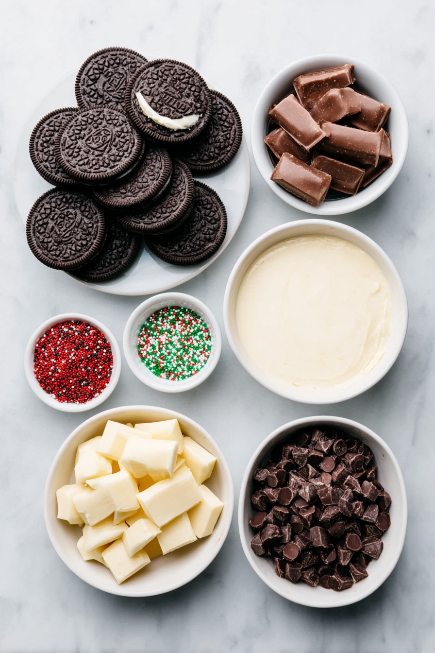 Christmas Chocolate Covered Oreos, festive Oreo treats, holiday chocolate desserts, easy Christmas cookies, homemade chocolate covered Oreos - Flat lay of a stack of fresh black and white Oreo cookies, a few loose around the stack; a small white ceramic bowl filled with smooth milk chocolate melting wafers; a small white ceramic bowl filled with creamy white chocolate melting wafers; a small white ceramic bowl of assorted colorful Christmas sprinkles; a small white ceramic bowl containing vibrant red food coloring liquid; a small white ceramic bowl containing vibrant green food coloring liquid, all ingredients arranged symmetrically in realistic proportions, placed on a clean white marble surface, soft natural light, photo taken with an iPhone, professional food photography style, fresh ingredients, white ceramic bowls, no bottles, no duplicates, no utensils, no packaging --ar 2:3 --v 7 --p m7354615311229779997