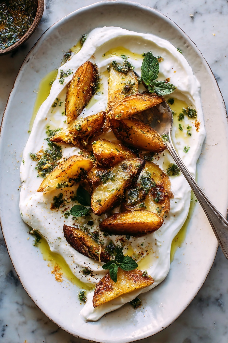 Crispy Oregano Roasted Potatoes with Feta Sauce, roasted potato side dish, crispy potatoes with feta, herb roasted potatoes, feta dipping sauce - A white plate with a smooth layer of creamy white yogurt spread all over the base, swirled to create soft waves. On top, there are golden-brown roasted potato wedges scattered mainly on one side. The potatoes have a crispy, slightly charred texture with bits of green herbs sprinkled evenly. Small dollops of creamy sauce sit on some potato pieces. Bright green herb leaves and tiny chopped herbs are scattered over the yogurt and potatoes, along with small pools of golden olive oil and a light dusting of reddish spices. A few fresh herb sprigs are placed on the yogurt for decoration. The plate sits on a white marbled surface. Photo taken with an iphone --ar 2:3 --v 7