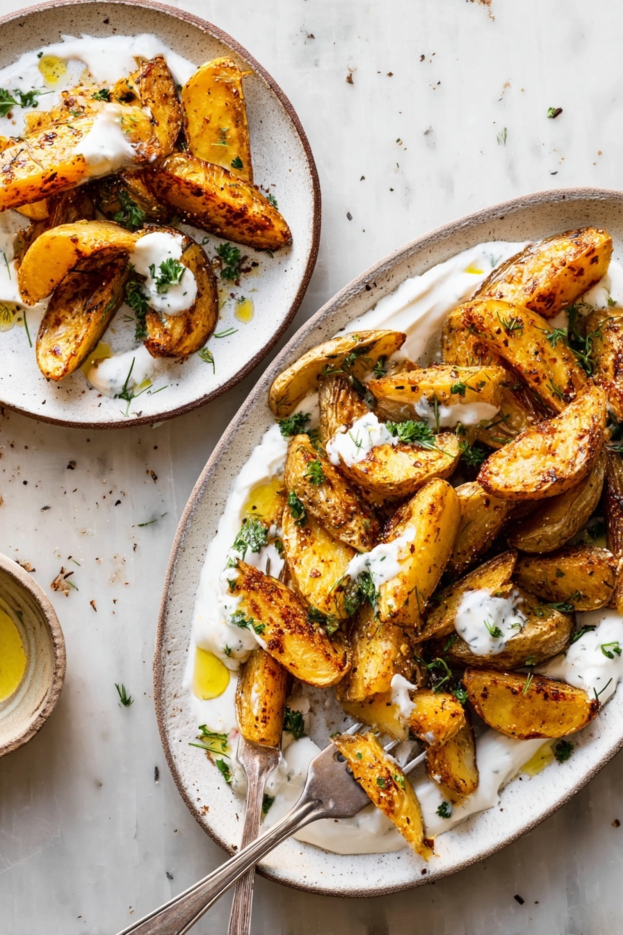 Crispy Oregano Roasted Potatoes with Feta Sauce, roasted potato side dish, crispy potatoes with feta, herb roasted potatoes, feta dipping sauce - The image shows two white plates of roasted potato wedges on a white marbled surface. The larger plate is filled with golden brown potato wedges that have a crispy texture and are spread over a base layer of creamy white sauce. The potato wedges are scattered with small green herbs and drizzled with an oil-based herb dressing. Small dollops of white sauce are placed on top of some wedges, and a few tiny green leaves add color contrast. On the smaller plate, a few potato wedges rest on a similar white sauce layer, with a silver fork holding one wedge. The scene is bright and natural, capturing the textures of the potatoes and sauce clearly. photo taken with an iphone --ar 2:3 --v 7