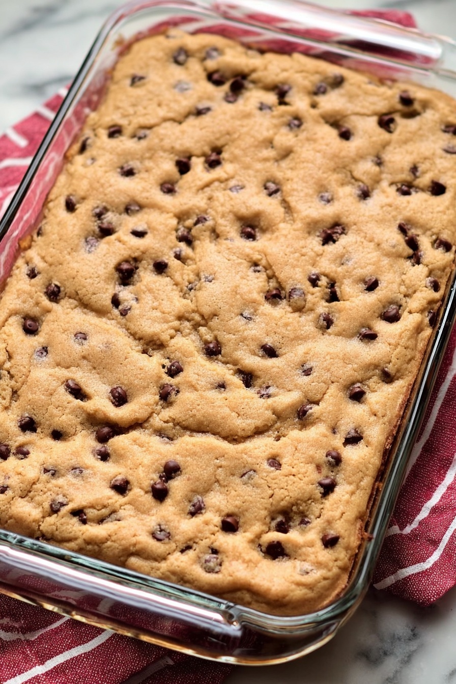 Better Than Anything Chocolate Caramel Bars, chocolate caramel bars, chocolate caramel dessert recipe, easy caramel bar recipe, gooey chocolate caramel bars - A glass rectangular baking dish filled with one thick layer of golden brown, slightly uneven baked cookie dough, dotted with small dark chocolate chips. The cookie surface shows a soft, bubbly texture with some parts more raised and others flat, creating an inviting mix of crispy and soft areas. The dish sits on a white marbled surface with a red and white striped cloth peeking from underneath one side. Photo taken with an iphone --ar 2:3 --v 7