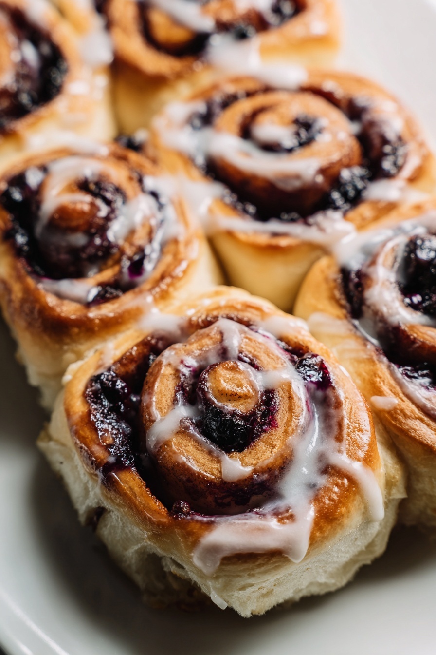 Blueberry Cinnamon Rolls with Cream Cheese Frosting, Blueberry cinnamon roll recipe, homemade blueberry cinnamon rolls, easy blueberry cinnamon rolls, breakfast cinnamon rolls - The image shows a close-up of a tray with nine cinnamon rolls, each with three visible layers: a soft, light golden-brown dough base, a middle dark brown layer of cinnamon filling mixed with patches of dark purple blueberry filling, and a top layer of white glaze drizzled unevenly over the rolls. The rolls are tightly rolled, with the filling spiraled inside, and placed together on a white plate set on a white marbled surface. The lighting highlights the soft texture of the dough and the shiny glaze on top. photo taken with an iphone --ar 2:3 --v 7