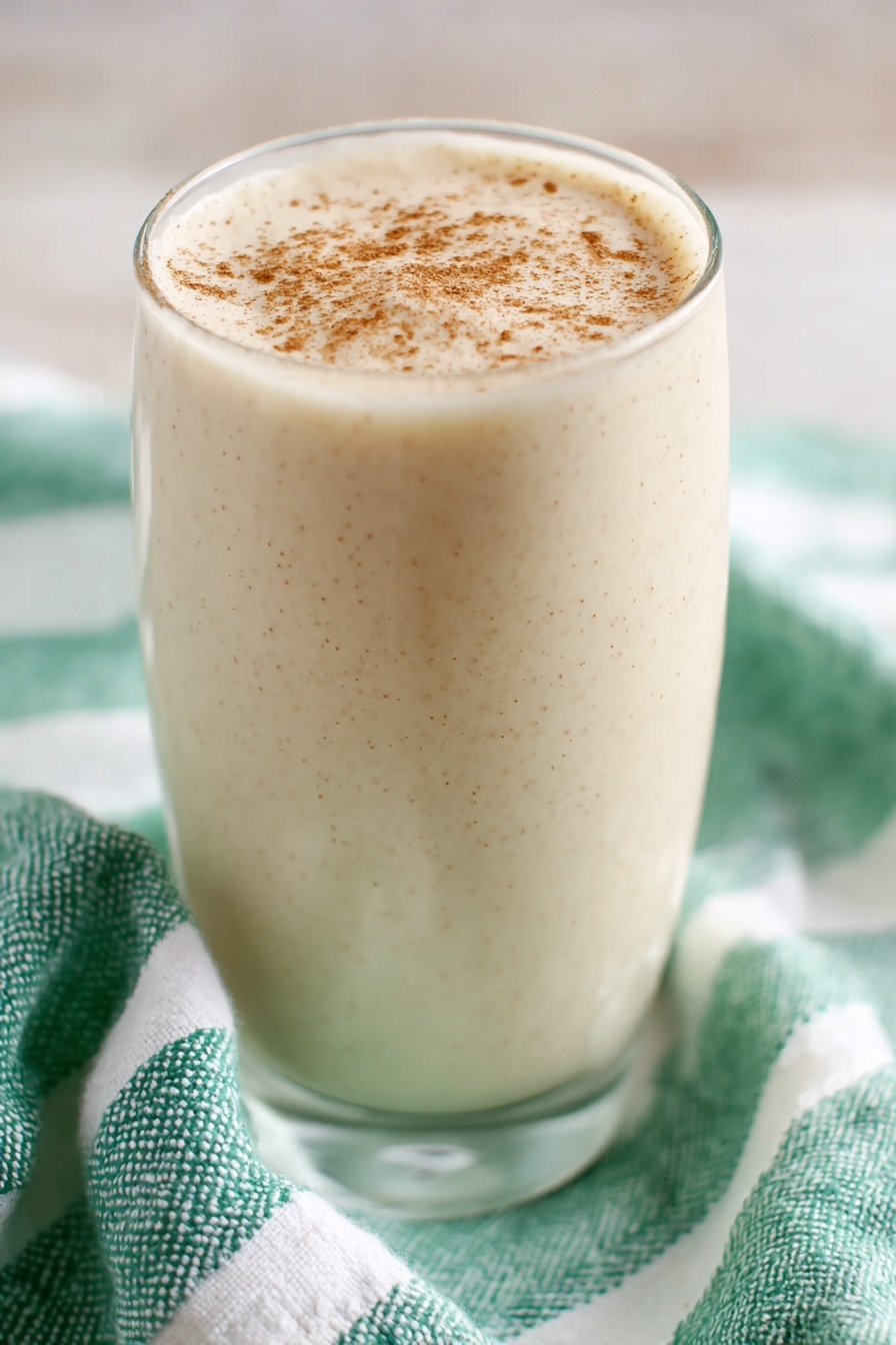 Vanilla Chai Protein Shake, healthy chai protein smoothie, quick vegan protein shake, cozy breakfast drink, easy chai protein recipe - A tall clear glass filled with a beige creamy drink topped with a sprinkle of light brown powder. Two white and gray striped paper straws are placed vertically in the drink. The glass is set on a white marbled surface with a light blue cloth with white stripes loosely wrapped around the base. The background is soft and blurred with a mix of white and light blue colors. photo taken with an iphone --ar 2:3 --v 7