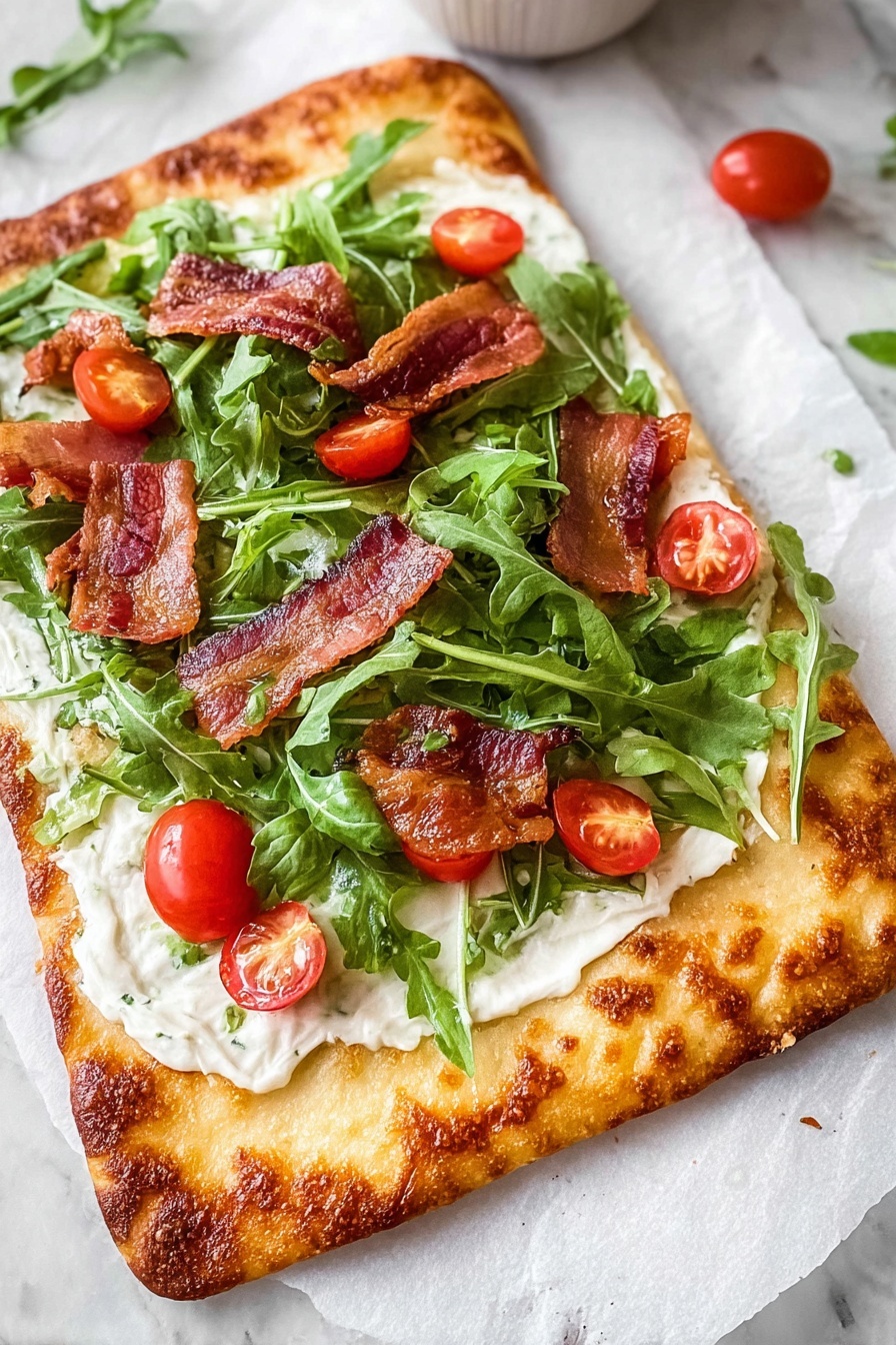 Baked Cottage Cheese Wrap, healthy baked cottage cheese wrap, protein-packed cheese wrap, cheesy baked wrap recipe, easy baked cottage cheese dish - The image shows a rectangular flatbread with a golden-brown, bubbly crust that covers the bottom half. The top half has three main layers: a creamy white spread covering the flatbread, fresh green arugula leaves on top of the spread, and several slices of cooked bacon along with halved red cherry tomatoes scattered on the greens. The dish is placed on white parchment paper over a white marbled surface. photo taken with an iphone --ar 2:3 --v 7