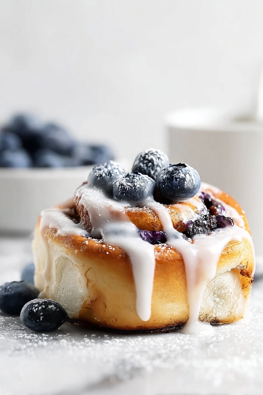 Blueberry Cinnamon Rolls with Cream Cheese Frosting, Blueberry cinnamon roll recipe, homemade blueberry cinnamon rolls, easy blueberry cinnamon rolls, breakfast cinnamon rolls - A close-up image of a single cinnamon roll on a white marbled surface, showing its soft golden-brown outer layer and light, fluffy inside visible at the bottom. The cinnamon roll is swirled with a dark purple blueberry filling, topped with several fresh blueberries that have a frosted look. White icing is drizzled generously over the roll, some of it running down the sides in thick lines. Powdered sugar is sprinkled lightly on the white marbled surface around the cinnamon roll, adding to the dessert’s sweet and fresh appearance. In the background, out of focus, there is a white bowl with more blueberries. Photo taken with an iphone --ar 2:3 --v 7
