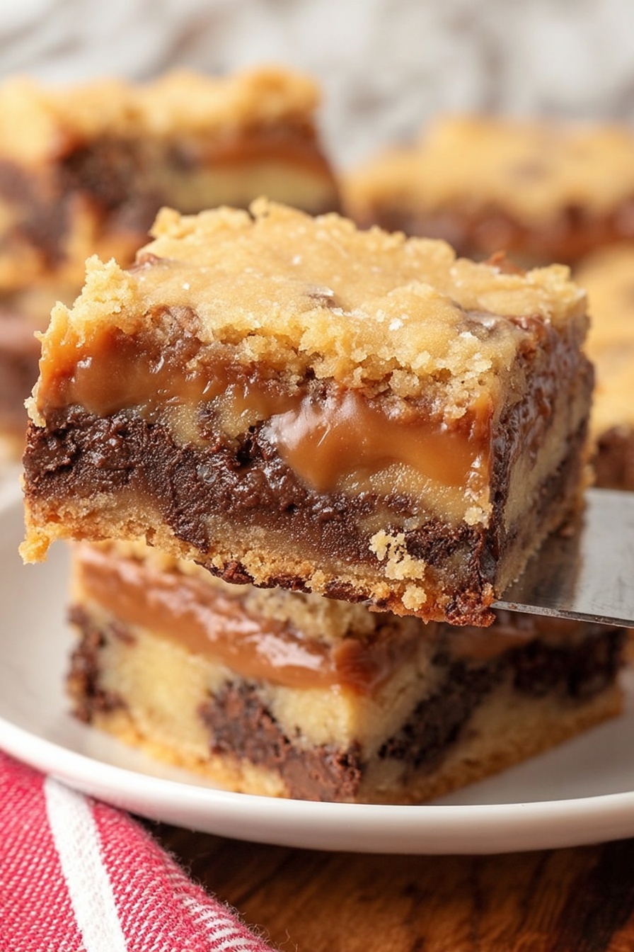 Better Than Anything Chocolate Caramel Bars, chocolate caramel bars, chocolate caramel dessert recipe, easy caramel bar recipe, gooey chocolate caramel bars - The image shows a close-up of a square dessert bar with three visible layers. The top layer is a light golden, slightly crumbly cookie dough texture. The middle layer is thick, creamy, and caramel-colored, with a smooth texture that looks slightly melted. The bottom layer is a dense, rich chocolate base with a mix of lighter and darker brown shades, showing a fudgy consistency. The bar is being lifted on a metal spatula above a white plate on a wooden surface with a red and white striped cloth partially visible. The background is a white marbled texture. photo taken with an iphone --ar 2:3 --v 7