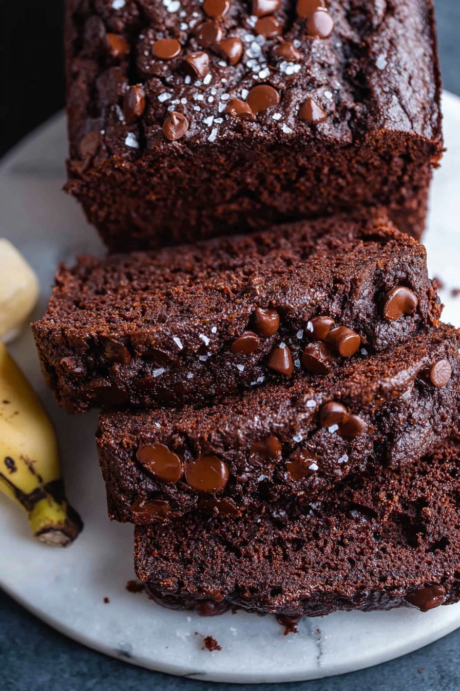 Chocolate Espresso Banana Bread, banana bread with espresso and cocoa, easy chocolate banana loaf, moist banana bread recipe, coffee-flavored banana bread - A dark brown chocolate banana bread loaf sits on a white plate, with three thick slices cut and laid out below the loaf. The bread has a rough top with melted chocolate chips and some coarse sea salt scattered over it. The inside of the slices looks moist and speckled with chocolate bits. The white plate with the bread rests on a white marbled surface, with a few ripe spotted bananas placed at the bottom edge. Photo taken with an iphone --ar 2:3 --v 7