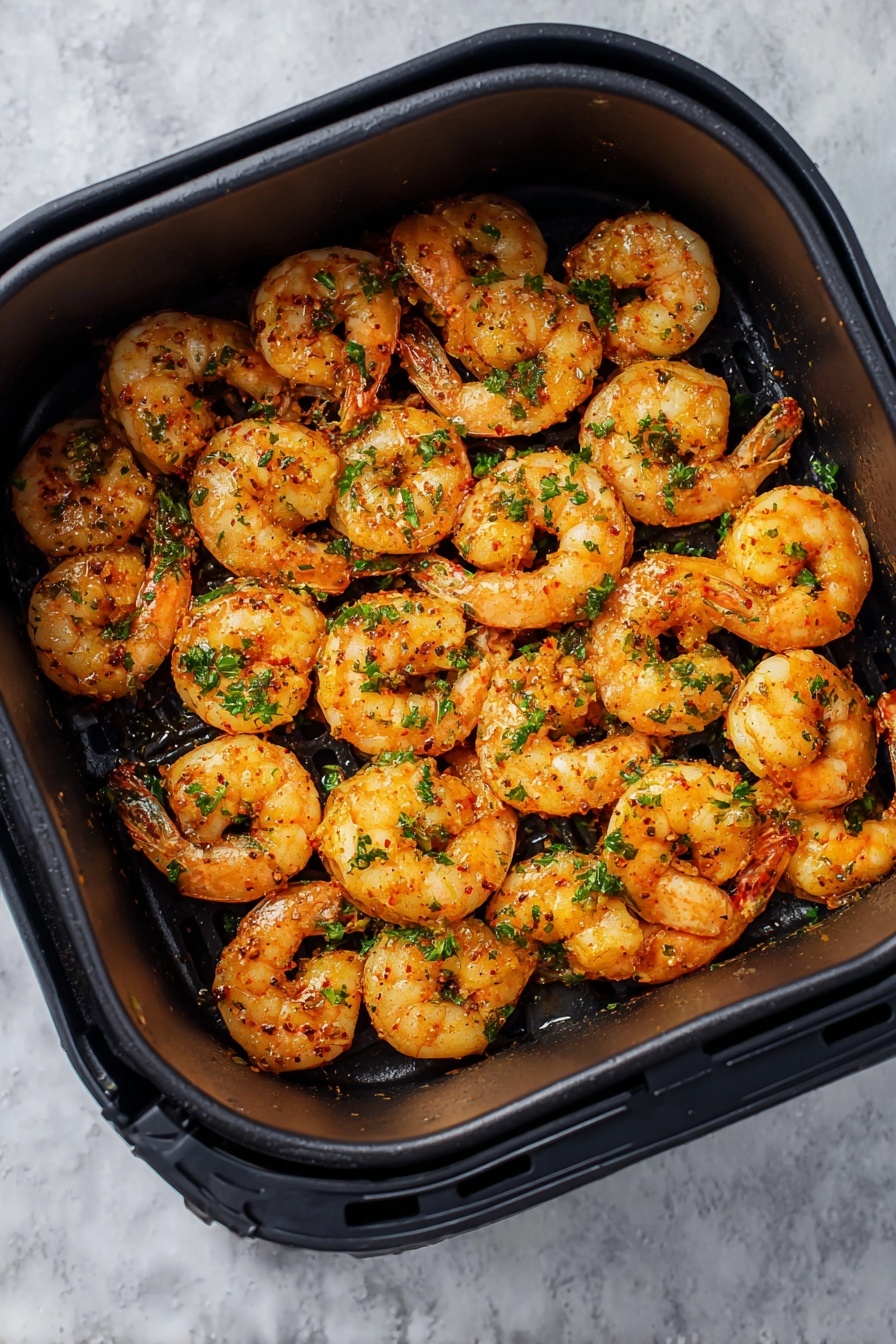 Air Fryer Old Bay Shrimp, easy seafood recipes, quick shrimp dinner, healthy shrimp snack, flavorful seafood dishes - A square black air fryer basket filled with roughly 30 cooked shrimp, arranged in an even layer with some overlapping. The shrimp are orange with light browning and sprinkled with small green parsley bits, giving a fresh contrast. The shrimp have a textured, slightly shiny surface from cooking oil and spices, with visible grill marks on a few pieces. The background is a white marbled surface. Photo taken with an iphone --ar 2:3 --v 7