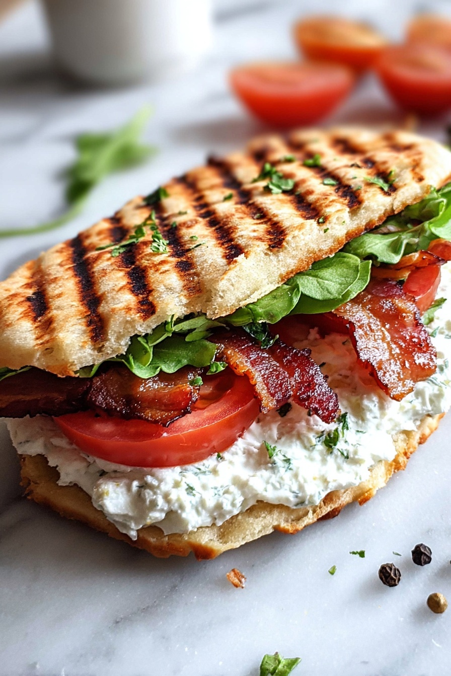 Baked Cottage Cheese Wrap, healthy baked cottage cheese wrap, protein-packed cheese wrap, cheesy baked wrap recipe, easy baked cottage cheese dish - A sandwich made with two grilled flatbread slices showing dark grill marks. The bottom flatbread is spread with white cottage cheese mixed with green herbs. On top, there are fresh green lettuce leaves, bright red tomato slices, and crispy reddish-brown bacon strips. Another layer of white cottage cheese with green herbs and more bright red tomato slices is under the top flatbread. The sandwich rests on a white marbled surface with some green herb leaves and black peppercorns scattered nearby. Photo taken with an iphone --ar 2:3 --v 7