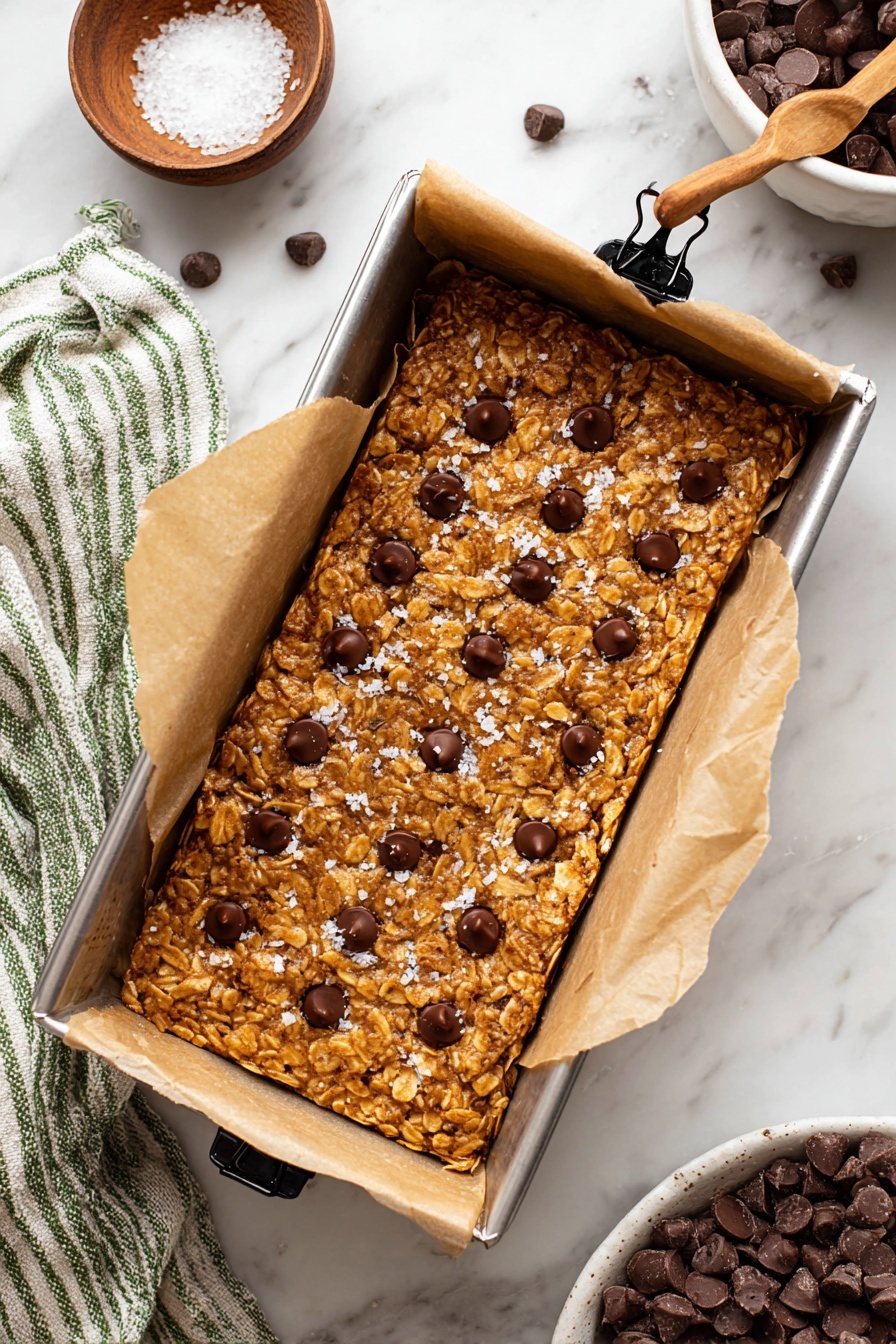 Peanut Butter Banana Bars, healthy banana snack bars, easy banana bars recipe, quick no-bake snack, wholesome banana treats - A rectangular oatmeal bar sits in a metal baking tin lined with light brown parchment paper that folds over the edges, held in place by black clips on two opposite sides. The bar has a rough, textured surface with a golden-brown color from the baked oats, dotted with shiny dark brown chocolate chips evenly scattered across the top. Small patches of white flaky salt are sprinkled on top, adding contrast to the warm colors. The baking tin rests on a white marbled surface with a wooden bowl of coarse salt and a wooden spoon nearby, and a white ceramic dish filled with chocolate chips partially visible on the side. A green and white striped cloth is placed under the right side of the tin. photo taken with an iphone --ar 2:3 --v 7