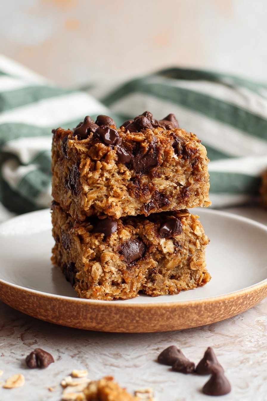 Peanut Butter Banana Bars, healthy banana snack bars, easy banana bars recipe, quick no-bake snack, wholesome banana treats - The image shows two thick, square oatmeal chocolate chip bars stacked on a white plate. The bars have a golden-brown color with visible chunks of melted dark chocolate scattered throughout and on top. The top bar is slightly angled, showing a soft, crumbly texture inside with oats and chocolate chips. The background has a soft striped cloth with green and white lines, and the table has a white marbled texture. Some chocolate chips and crumbs are scattered around the plate. Photo taken with an iphone --ar 2:3 --v 7