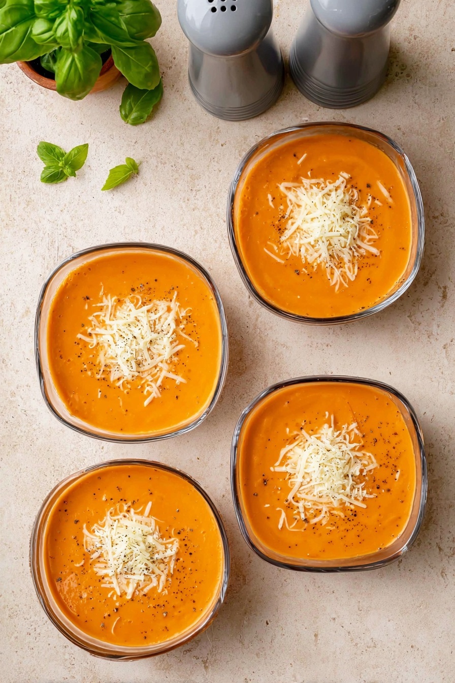 High Protein Tomato Soup, healthy tomato soup with cottage cheese, nutritious quick tomato soup, easy high-protein tomato soup, comforting healthy tomato soup - There are four bowls of smooth orange soup, two round and two square, all filled near the top. Each soup surface is sprinkled with small white cheese shreds and a hint of black pepper. The bowls rest on a light beige surface with a slightly textured look. In the top right corner, two gray pepper and salt grinders stand side by side, while a small green basil plant appears in the top left corner. A woman's hand is not visible in the image. photo taken with an iphone --ar 2:3 --v 7