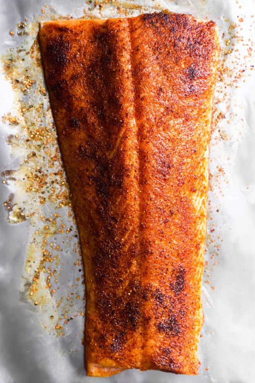 Spice Rubbed Salmon with Avocado Salsa, healthy salmon recipes, quick seafood dinners, flavorful salmon dish, avocado salsa recipes - A large, flat piece of cooked fish with a reddish-brown seasoning crust covers the entire top surface, showing a single long vertical line in the center. The fish is lying on a white marbled surface with some seasoning scattered around it on the left side. The edges around the fish are slightly darker, giving a roasted look. photo taken with an iphone --ar 2:3 --v 7