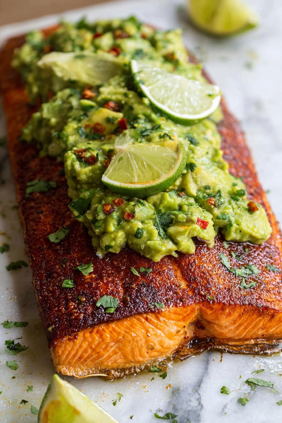 Spice Rubbed Salmon with Avocado Salsa, healthy salmon recipes, quick seafood dinners, flavorful salmon dish, avocado salsa recipes - A large, rectangular piece of cooked salmon with a crispy, deep orange-brown skin on the bottom layer sits on a white marbled surface. On top of the salmon is a thick layer of chunky, bright green avocado salsa mixed with finely chopped herbs and small bits of red pepper flakes. Thin slices of lime rest on the avocado salsa, adding a pop of light green color. The overall look is fresh and vibrant, with natural textures visible in the salmon’s flaky interior and the creamy avocado topping. Photo taken with an iphone --ar 2:3 --v 7