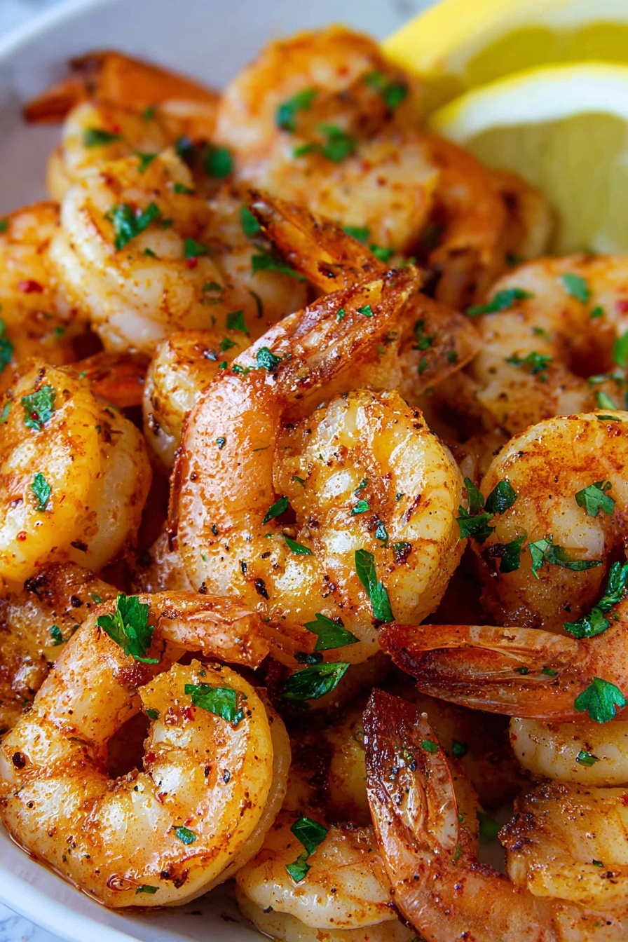 Air Fryer Old Bay Shrimp, easy seafood recipes, quick shrimp dinner, healthy shrimp snack, flavorful seafood dishes - This close-up image shows a pile of cooked shrimp with a light orange-pink color and slightly charred edges, sprinkled with small bright green parsley pieces. The shrimp have a glossy texture, showing they are juicy and well-seasoned with small flakes of spices. In the top right corner, a yellow lemon wedge with a juicy inside is partly visible. The dish is on a white surface with a white marbled texture visible in the background. photo taken with an iphone --ar 2:3 --v 7