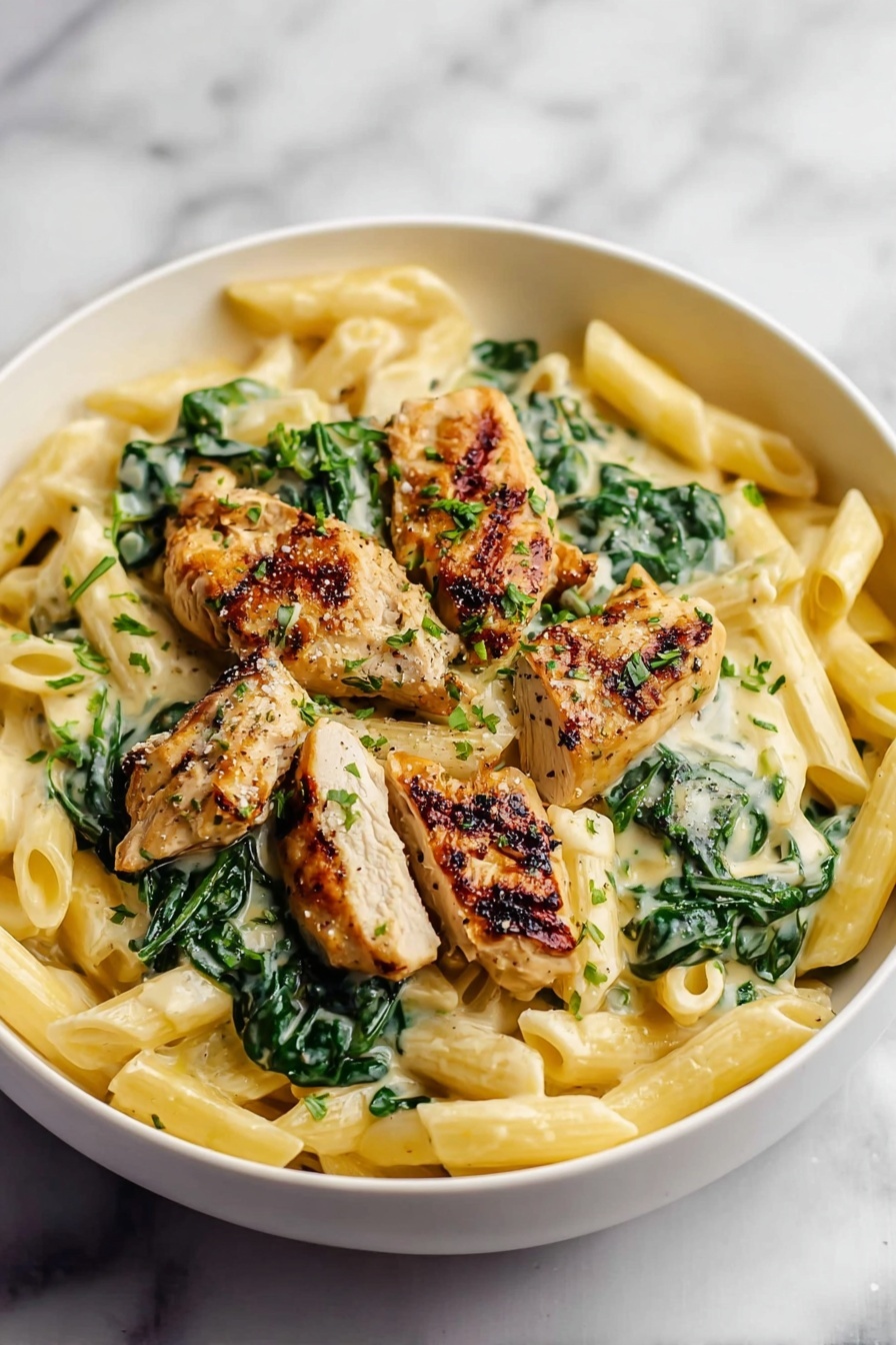 Healthy Garlic Parmesan Chicken Pasta, healthy chicken pasta, garlic parmesan chicken, nutritious pasta dish, light creamy chicken pasta - A white bowl filled with creamy penne pasta as the base layer, smooth and pale yellow with a glossy texture. On top of the pasta are wilted dark green spinach leaves spread evenly. The dish is topped with several pieces of grilled golden-brown chicken with visible grill marks and sprinkled lightly with finely chopped herbs. The sauce coating the pasta and spinach looks creamy with a slightly shiny finish, blending in with the ingredients. The background is a white marbled surface. photo taken with an iphone --ar 2:3 --v 7