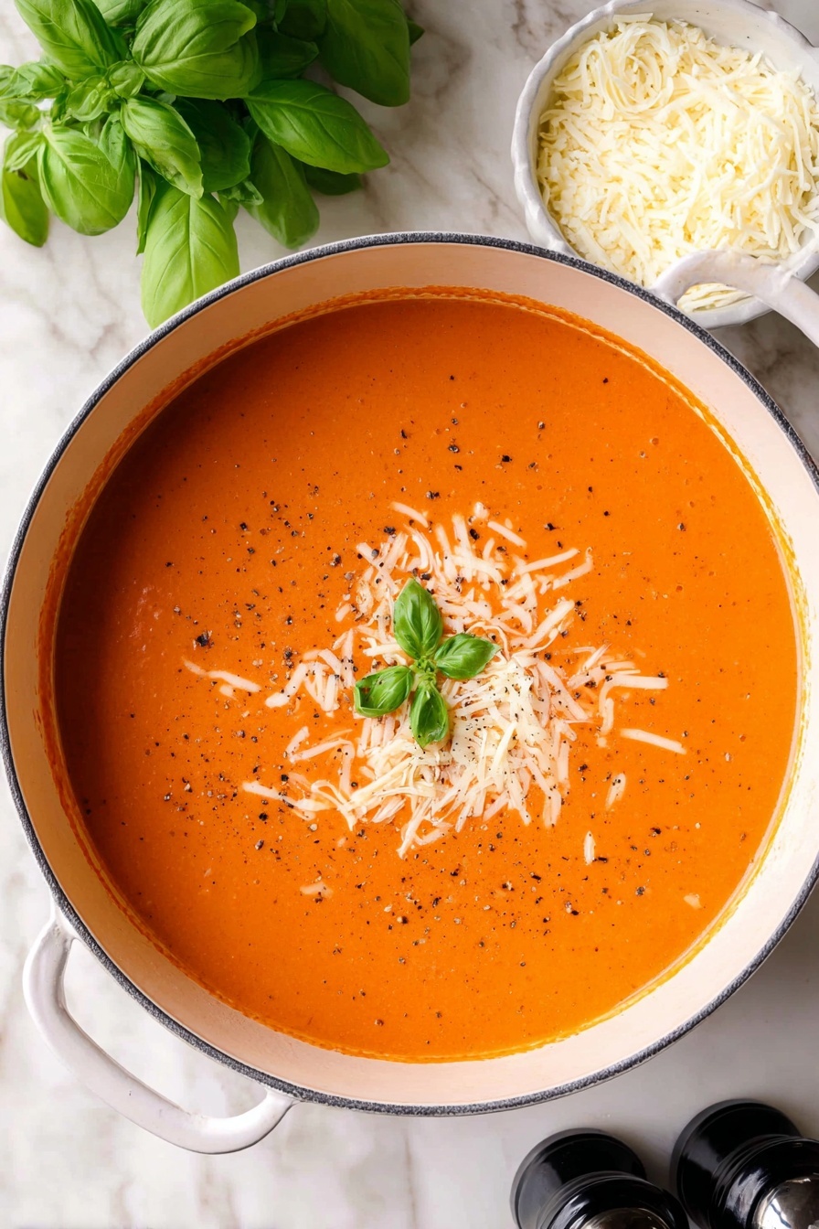 High Protein Tomato Soup, healthy tomato soup with cottage cheese, nutritious quick tomato soup, easy high-protein tomato soup, comforting healthy tomato soup - A white pot filled with smooth orange tomato soup topped with scattered white shredded cheese and a few small green basil leaves in the center, sprinkled lightly with black pepper. The pot sits on a white marbled surface with a bunch of fresh green basil leaves at the top left and a small white bowl of shredded cheese below. Two black salt and pepper grinders are partially visible at the bottom right. Photo taken with an iphone --ar 2:3 --v 7