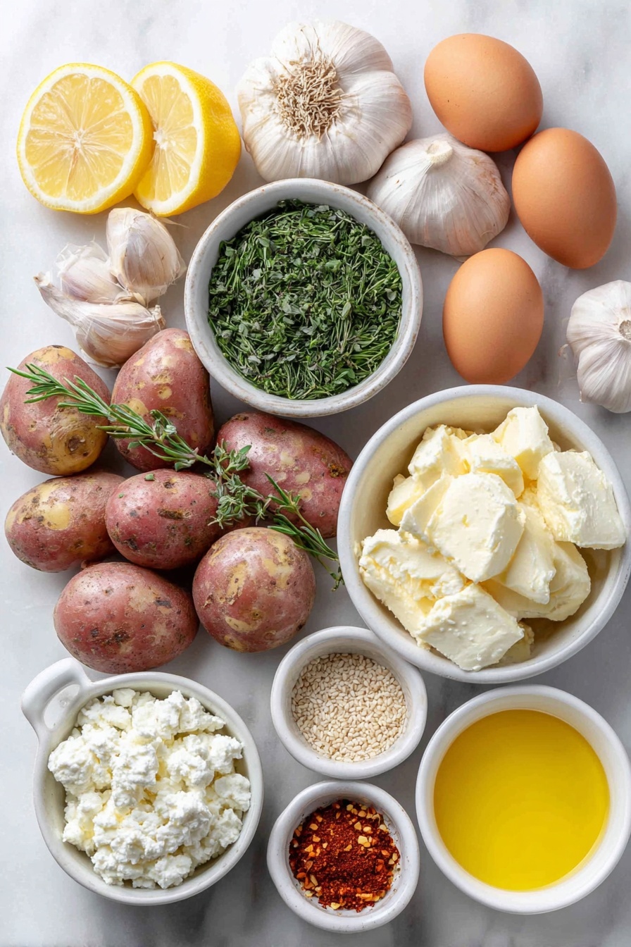 Crispy Oregano Roasted Potatoes with Feta Sauce, roasted potato side dish, crispy potatoes with feta, herb roasted potatoes, feta dipping sauce - Flat lay of halved mixed baby potatoes with their natural skin colors, quartered fresh lemon wedges with bright yellow rinds and juicy interiors, whole garlic cloves with their smooth white papery skins slightly smashed, a small white ceramic bowl filled with chopped fresh oregano leaves, a small white ceramic bowl holding vibrant mixed chopped herbs of basil, dill, and parsley, two whole uncracked brown eggs, a small white ceramic bowl of golden extra virgin olive oil, a small white ceramic bowl of creamy white crumbled feta cheese, a small white ceramic bowl with soft cream cheese, a small white ceramic bowl containing bright yellow honey, a small white ceramic bowl filled with pale beige sesame seeds, a small white ceramic bowl with deep red chili flakes, a small white ceramic bowl with smoky paprika powder, and a small white ceramic bowl of coarse kosher salt — all perfectly arranged in balanced symmetry on a clean white marble surface, soft natural light, photo taken with an iPhone, professional food photography style, fresh ingredients, white ceramic bowls, no bottles, no duplicates, no utensils, no packaging --ar 2:3 --v 7 --p m7354615311229779997