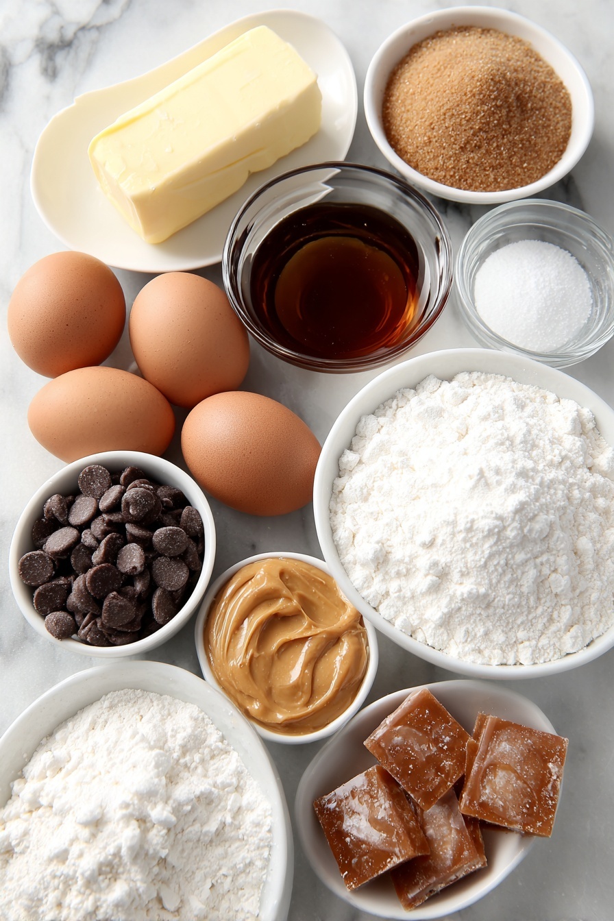 Better Than Anything Chocolate Caramel Bars, chocolate caramel bars, chocolate caramel dessert recipe, easy caramel bar recipe, gooey chocolate caramel bars - Flat lay of a stick of softened butter, a small mound of packed brown sugar, a small mound of white granulated sugar, two whole uncracked brown eggs, a small white bowl of clear vanilla extract, a small heap of all-purpose flour, a small pile of baking soda powder, a small pile of salt, a small white bowl filled with milk chocolate chips, a small white bowl of unwrapped golden caramel chews, a small white bowl of pale creamy evaporated milk, a small white bowl of smooth light brown peanut butter, all arranged with perfect symmetry on a clean white marble surface, soft natural light, photo taken with an iPhone, professional food photography style, fresh ingredients, white ceramic bowls, no bottles, no duplicates, no utensils, no packaging --ar 2:3 --v 7 --p m7354615311229779997