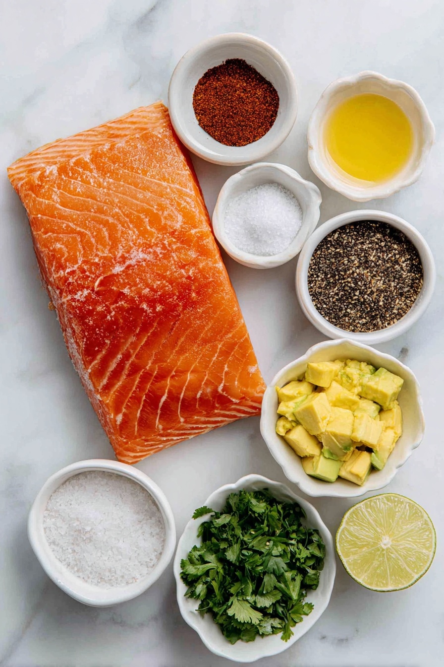 Spice Rubbed Salmon with Avocado Salsa, healthy salmon recipes, quick seafood dinners, flavorful salmon dish, avocado salsa recipes - Flat lay of a fresh salmon filet with bright orange-pink flesh and smooth skin, a small white bowl of smoked paprika powder in deep red color, a small white bowl of ground cumin in warm brown, a small white bowl of garlic powder in pale off-white, a small white bowl with coarse salt crystals, a small white bowl containing golden olive oil, a small white bowl with amber honey, three ripe green avocados diced into chunky cubes, a small bunch of fresh cilantro with vibrant green leaves, a small white bowl filled with clear pale red wine vinegar, a small white bowl holding bright green lime juice, a small white bowl with fiery red pepper flakes, a single whole garlic bulb with clean white papery skin, and a small white bowl with additional salt crystals, all carefully arranged in a perfectly symmetrical, realistic proportion flat lay, placed on a clean white marble surface, soft natural light, photo taken with an iPhone, professional food photography style, fresh ingredients, white ceramic bowls, no bottles, no duplicates, no utensils, no packaging --ar 2:3 --v 7 --p m7354615311229779997