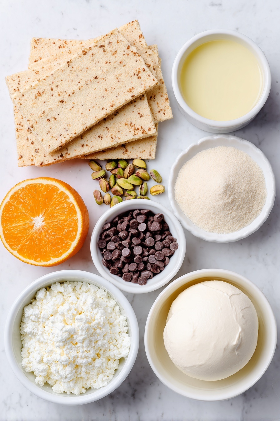 No-Bake Pistachio Cannoli Pie, pistachio dessert, easy no-bake pie, creamy pistachio dessert, Italian-inspired dessert - Flat lay of crushed vanilla wafers arranged loosely, a small pile of shelled unsalted pistachios, a simple mound of granulated sugar, a small white ceramic bowl filled with melted butter, a small white ceramic bowl of heavy cream, a smooth scoop of mascarpone cheese, a small white ceramic bowl of powdered sugar, a fresh orange with a slice showing grated zest, a pinch of coarse kosher salt crystals, a rounded scoop of ricotta cheese, and a scattering of mini chocolate chips all placed in perfect symmetry on a clean white marble surface, soft natural light, photo taken with an iPhone, professional food photography style, fresh ingredients, white ceramic bowls, no bottles, no duplicates, no utensils, no packaging --ar 2:3 --v 7 --p m7354615311229779997