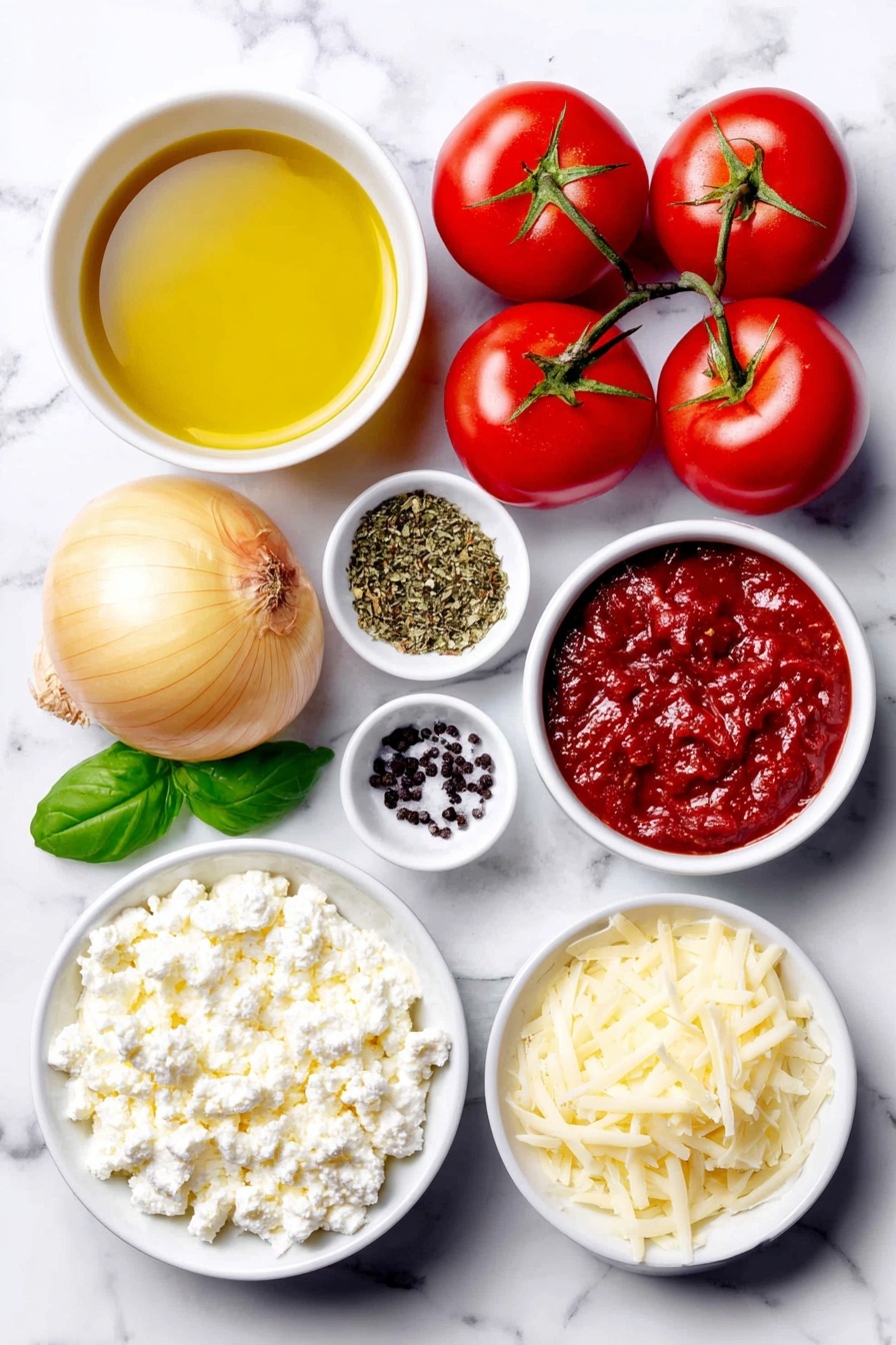 High Protein Tomato Soup, healthy tomato soup with cottage cheese, nutritious quick tomato soup, easy high-protein tomato soup, comforting healthy tomato soup - Flat lay of a small white ceramic bowl of golden olive oil, a whole yellow onion with papery skin, a small white ceramic bowl filled with coarse kosher salt, a small white ceramic bowl of freshly minced garlic, a small white ceramic bowl with smooth red tomato paste, a small white ceramic bowl of dried green basil leaves, a small white ceramic bowl of granulated white sugar, two whole fresh red tomatoes with green stems, a small white ceramic bowl of clear vegetable broth, a small white ceramic bowl of creamy white cottage cheese, a small white ceramic bowl of black peppercorns, and a small white ceramic bowl holding thin shards of pale golden parmesan cheese, accompanied by a few bright green basil leaves—all arranged with perfect symmetry on a clean white marble surface, soft natural light, photo taken with an iPhone, professional food photography style, fresh ingredients, white ceramic bowls, no bottles, no duplicates, no utensils, no packaging --ar 2:3 --v 7 --p m7354615311229779997