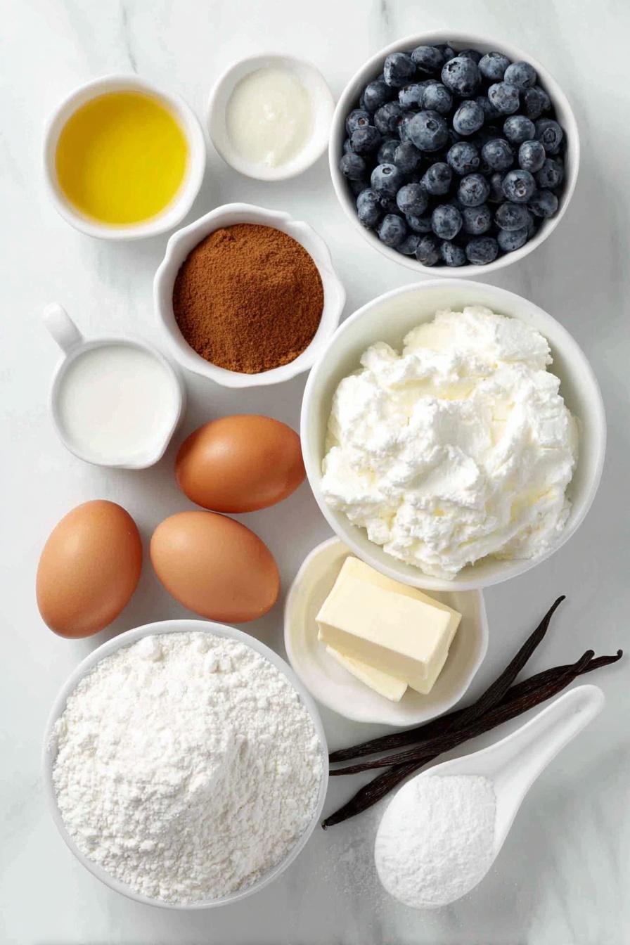 Blueberry Cinnamon Rolls with Cream Cheese Frosting, Blueberry cinnamon roll recipe, homemade blueberry cinnamon rolls, easy blueberry cinnamon rolls, breakfast cinnamon rolls - Flat lay of fresh blueberries scattered beside a small white ceramic bowl of cinnamon powder, a small white bowl filled with brown sugar, two whole uncracked brown eggs, a small white bowl containing melted butter, a small white bowl with warm milk, a small mound of all-purpose flour, a small white bowl holding softened cream cheese, a small white bowl with powdered sugar, and a few sprigs of fresh vanilla bean pods arranged neatly, all ingredients placed in perfect symmetry on a clean white marble surface, soft natural light, photo taken with an iPhone, professional food photography style, fresh ingredients, white ceramic bowls, no bottles, no duplicates, no utensils, no packaging --ar 2:3 --v 7 --p m7354615311229779997