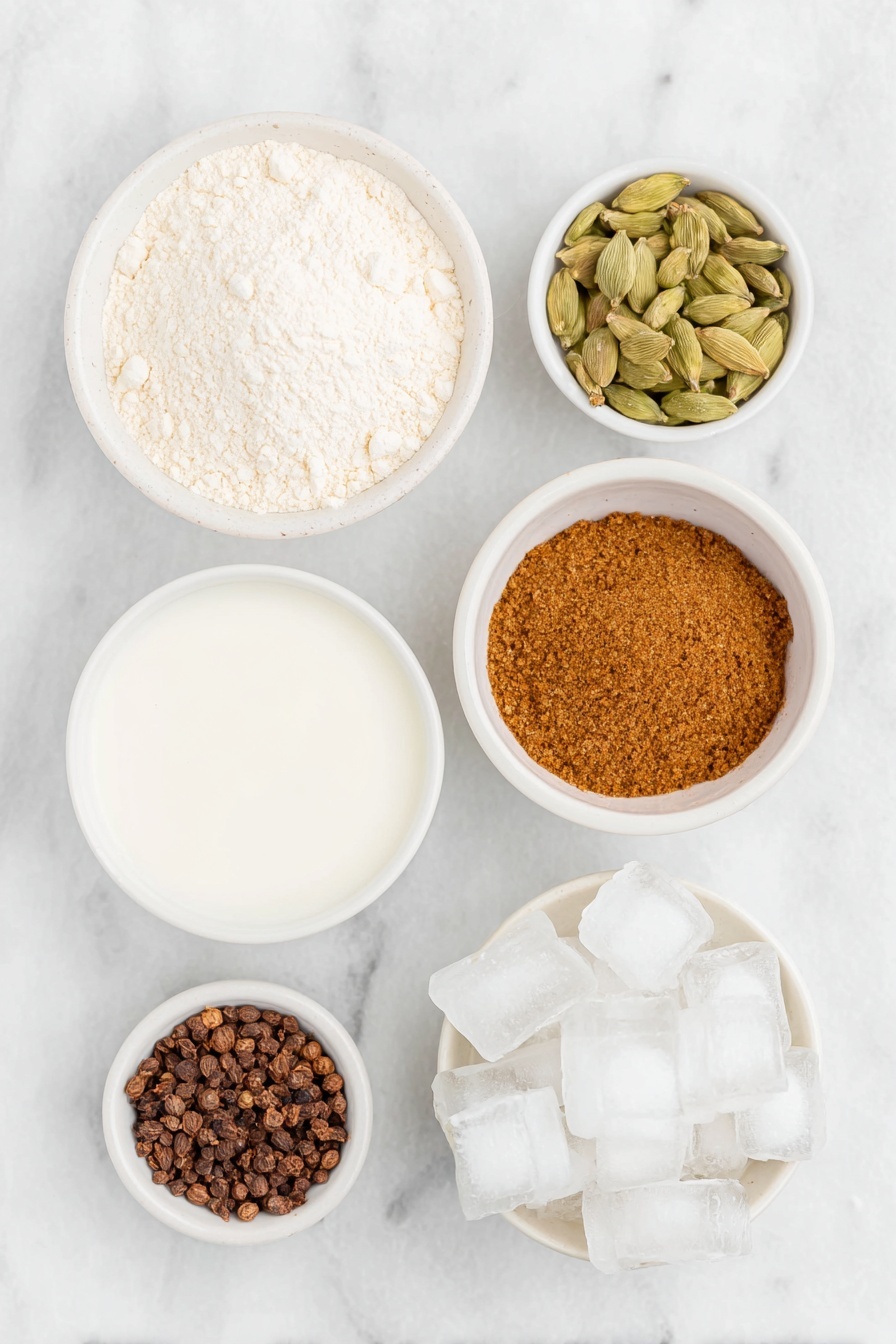 Vanilla Chai Protein Shake, healthy chai protein smoothie, quick vegan protein shake, cozy breakfast drink, easy chai protein recipe - Flat lay of a small mound of smooth vanilla protein powder, a simple white ceramic bowl filled with amber chai tea, a small white bowl with warm brown ground nutmeg, another small white bowl containing light green whole cardamom pods, a white ceramic bowl with creamy unsweetened almond milk, and a cluster of clear ice cubes neatly arranged—each ingredient fresh and natural, perfectly spaced and balanced, placed on a clean white marble surface, soft natural light, photo taken with an iPhone, professional food photography style, fresh ingredients, white ceramic bowls, no bottles, no duplicates, no utensils, no packaging --ar 2:3 --v 7 --p m7354615311229779997