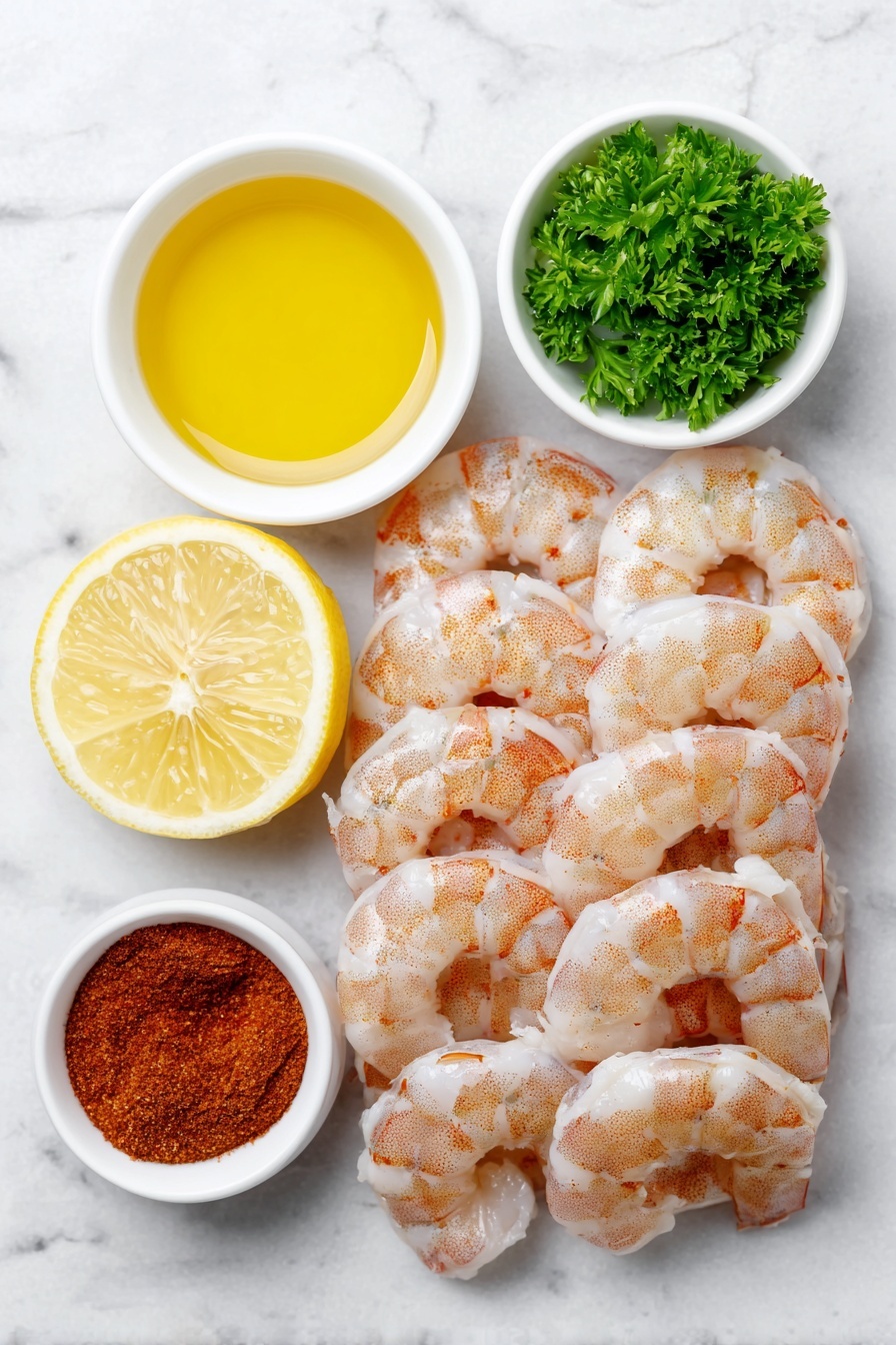 Air Fryer Old Bay Shrimp, easy seafood recipes, quick shrimp dinner, healthy shrimp snack, flavorful seafood dishes - Flat lay of large peeled and deveined raw shrimp arranged neatly, a small white ceramic bowl filled with golden olive oil, a small white ceramic bowl containing vibrant reddish-brown Old Bay seasoning powder, a small white ceramic bowl with freshly squeezed lemon juice showing a pale yellow liquid, a small white ceramic bowl holding bright green freshly chopped parsley, placed on a clean white marble surface, soft natural light, photo taken with an iPhone, professional food photography style, fresh ingredients, white ceramic bowls, no bottles, no duplicates, no utensils, no packaging --ar 2:3 --v 7 --p m7354615311229779997