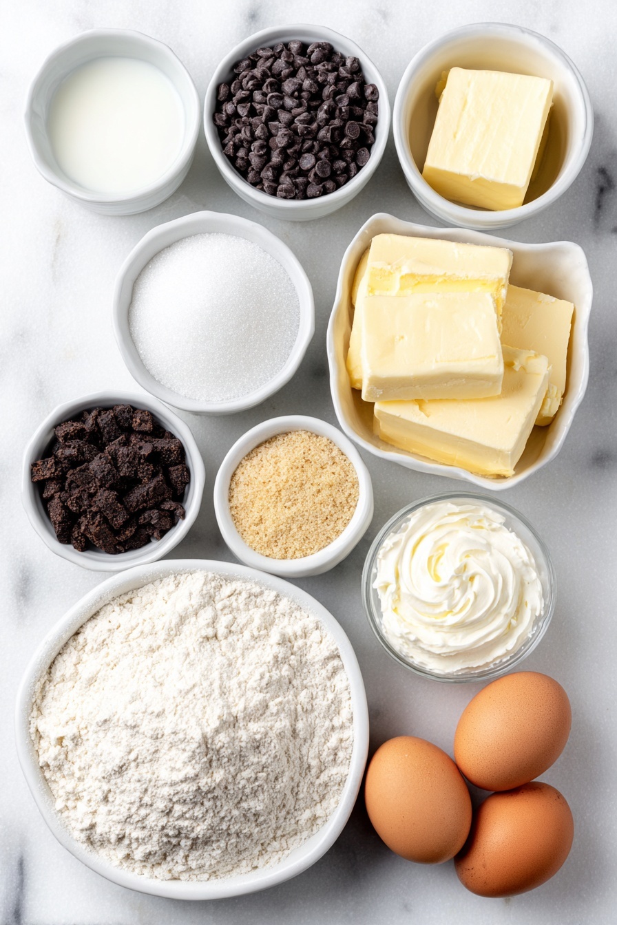 S'mores Rolls with Toasted Meringue, s'mores dessert, campfire inspired treats, chocolate graham rolls, toasted meringue dessert - Flat lay of a small white ceramic bowl of lukewarm milk, a small white ceramic bowl of lukewarm water, a small white ceramic bowl of granulated sugar, a small white ceramic bowl of unsweetened cocoa powder, a small white ceramic bowl of semi-sweet chocolate chips, a small white ceramic bowl of heavy whipping cream, a small white ceramic bowl of vanilla extract, a small white ceramic bowl of graham cracker crumbs, a small white ceramic bowl of fine salt, a small white ceramic bowl of cream of tartar, a few tablespoons of unsalted butter on a simple white ceramic dish, three brown whole uncracked eggs, and a pile of all-purpose flour loosely arranged on a simple white ceramic plate, all ingredients fresh and natural, placed on a clean white marble surface, soft natural light, photo taken with an iPhone, professional food photography style, fresh ingredients, white ceramic bowls, no bottles, no duplicates, no utensils, no packaging --ar 2:3 --v 7 --p m7354615311229779997