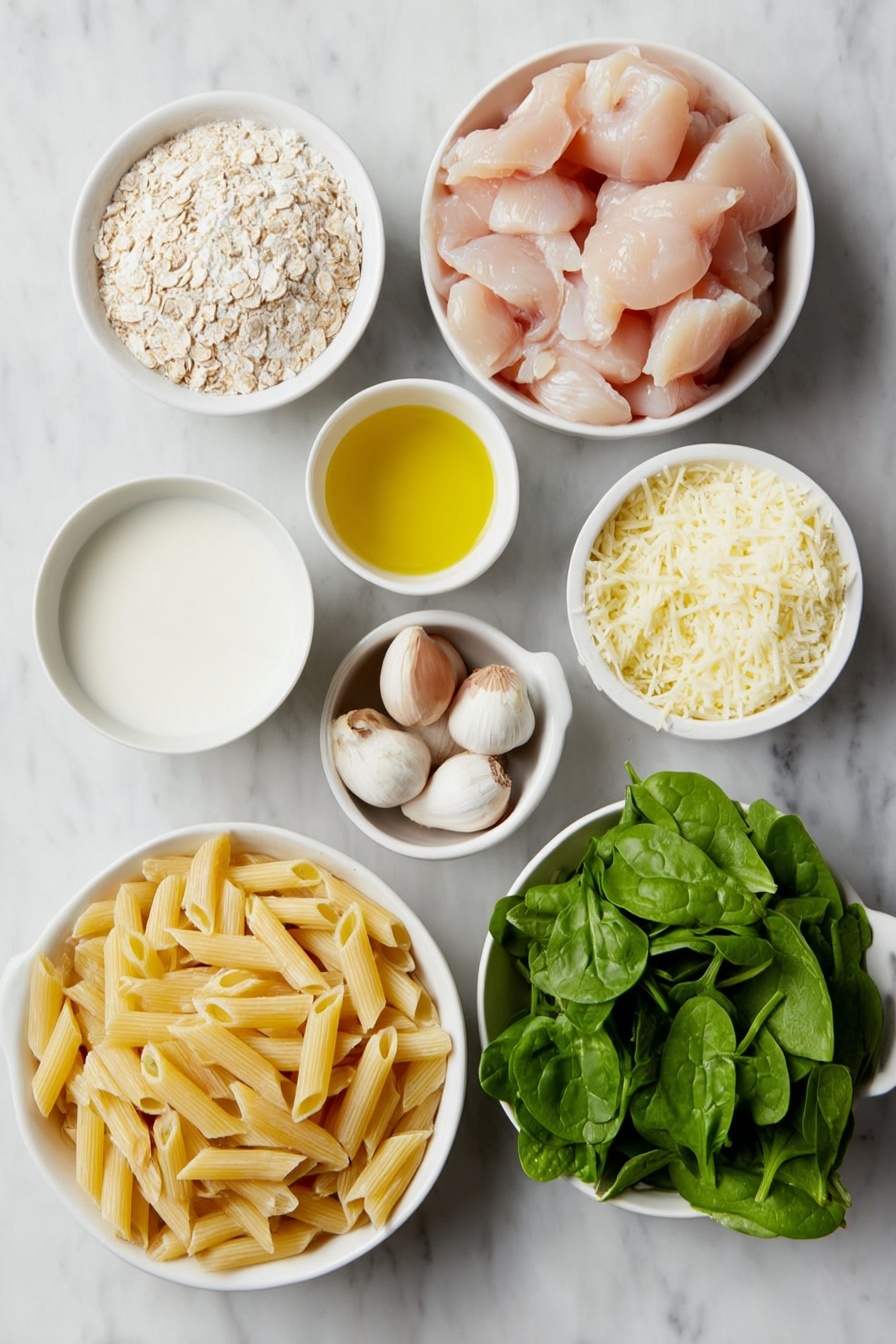 Healthy Garlic Parmesan Chicken Pasta, healthy chicken pasta, garlic parmesan chicken, nutritious pasta dish, light creamy chicken pasta - Flat lay of whole wheat penne pasta arranged neatly, a few garlic cloves whole and unpeeled, cubed raw boneless skinless chicken breasts in a simple pile, fresh baby spinach leaves spread out, a small white ceramic bowl of grated Parmesan cheese, a small white bowl filled with olive oil, a small white bowl of whole wheat flour, another small white bowl holding low-sodium chicken broth, a small white bowl with low-fat milk, a small white bowl containing plain non-fat Greek yogurt, a few sprigs of fresh parsley, and whole brown eggs placed symmetrically, all placed on a clean white marble surface, soft natural light, photo taken with an iPhone, professional food photography style, fresh ingredients, white ceramic bowls, no bottles, no duplicates, no utensils, no packaging --ar 2:3 --v 7 --p m7354615311229779997