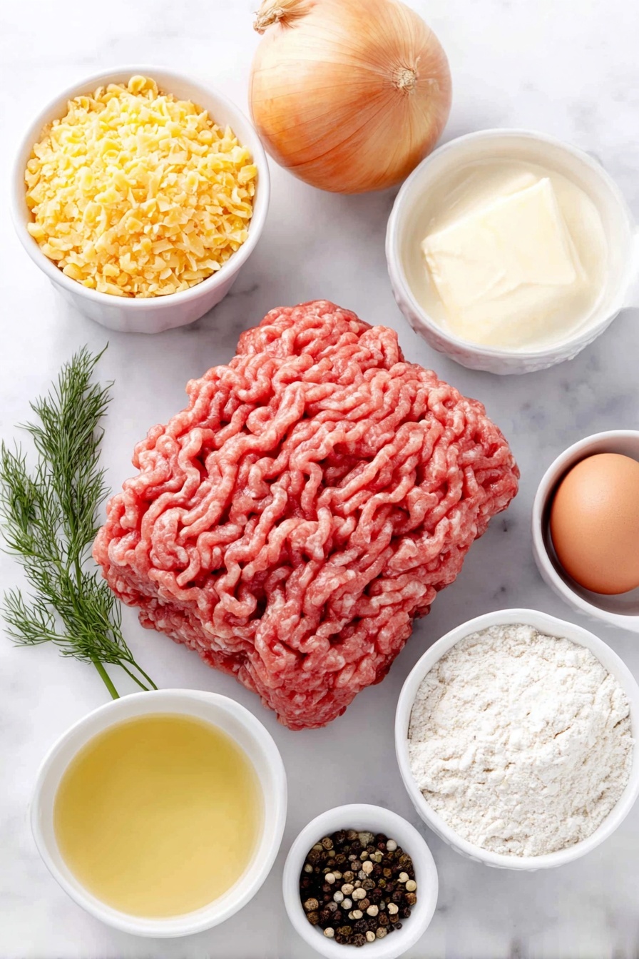 Creamy Dill Hamburger Steaks, Hamburger Steaks with Dill Sauce, Comfort Food Dinner, Easy Hamburger Steak Recipe, Hearty Beef Dinner - Flat lay of a handful of fresh ground beef shaped loosely, a small mound of golden yellow breadcrumbs, one whole yellow onion with papery skin intact, a small white ceramic bowl filled with heavy cream, one whole uncracked brown egg, a small white bowl of olive oil, a small white bowl of unsalted butter, two whole garlic cloves with skins on, a small white bowl of all-purpose flour, a small white bowl of low sodium chicken broth, a small white bowl of finely chopped fresh dill, scattered sprigs of fresh dill, and a small pile of whole black peppercorns, all arranged symmetrically on a clean white marble surface, soft natural light, photo taken with an iPhone, professional food photography style, fresh ingredients, white ceramic bowls, no bottles, no duplicates, no utensils, no packaging --ar 2:3 --v 7 --p m7354615311229779997
