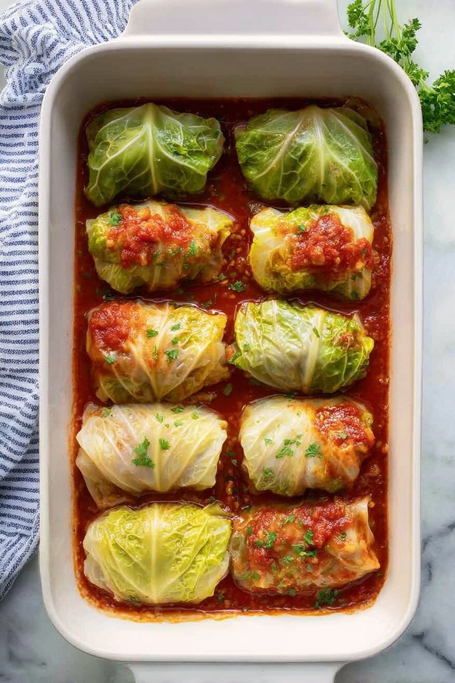 Best Traditional Stuffed Cabbage Rolls, stuffed cabbage rolls recipe, classic cabbage rolls, homemade cabbage rolls, savory stuffed cabbage - The image shows a white rectangular baking dish filled with twelve cabbage rolls arranged in three rows of four. Each roll is tightly wrapped in green cabbage leaves with a slightly translucent, soft texture, showing hints of the filling inside. The rolls rest in a rich red tomato sauce that fills the base of the dish and slightly bubbles around the edges of the rolls. Small bits of chopped green herbs are sprinkled evenly over the cabbage rolls, adding a fresh touch of color. The dish sits on a white marbled surface with a blue and white striped cloth partially visible on the top left side. Photo taken with an iphone --ar 2:3 --v 7