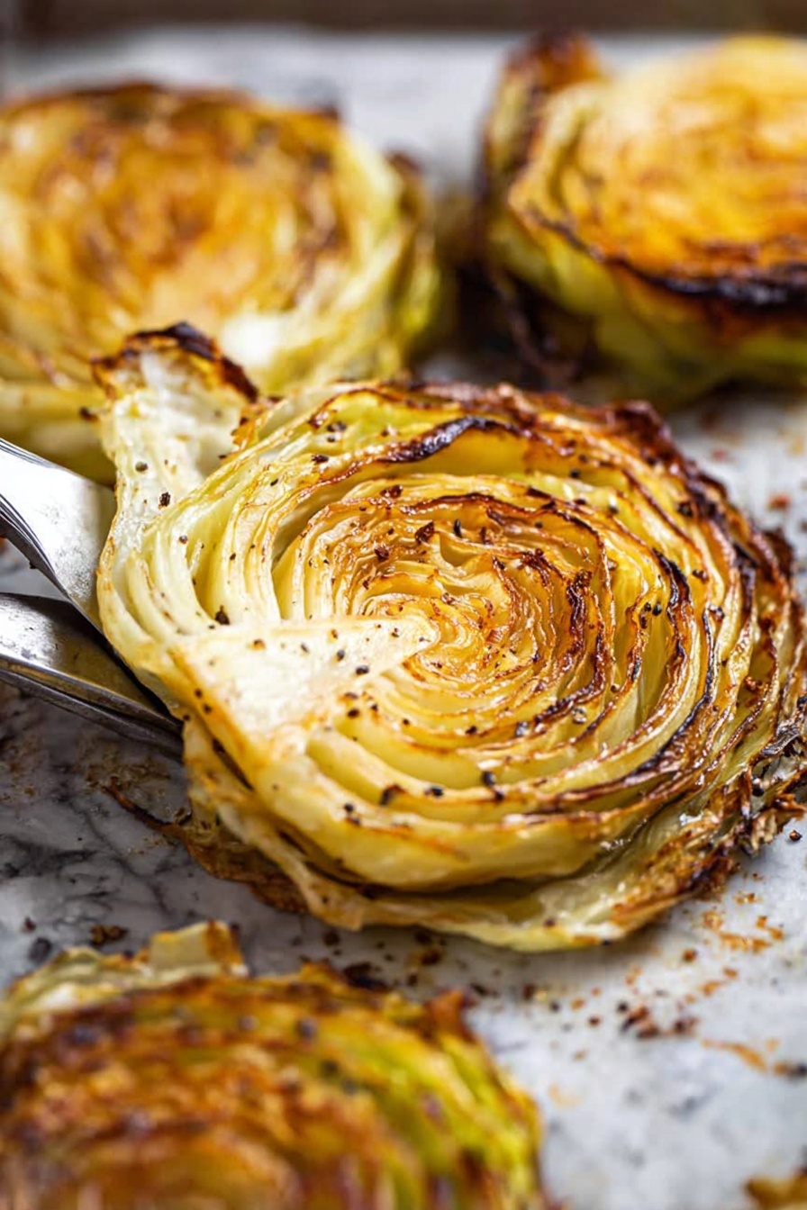 Roasted Cabbage Steaks with Seasonings, roasted cabbage steaks, easy cabbage side dish, healthy roasted cabbage, savory cabbage recipes - The image shows several round slices of roasted cabbage on a white marbled surface. Each slice has many thin layers starting from a golden-yellow center, moving outward with layers of light green to brown edges that are slightly charred and crispy. One slice is being lifted with a silver fork, showing the texture of the leaves that are soft in the middle and darker, more crisp on the outside. The cabbage slices have a sprinkling of ground pepper and some seasoning that adds light brown and orange spots across their surface. The scene captures a close-up view with a warm and rustic feeling. photo taken with an iphone --ar 2:3 --v 7