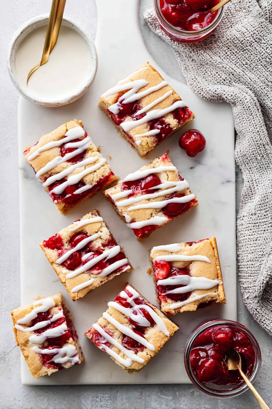 Cherry Pie Bars with Almond Glaze, cherry bar dessert recipes, easy cherry bars, fruit bar desserts, almond glazed cherry bars - The image shows eight square pieces of cherry dessert with three visible layers: a golden-brown crust on top and bottom, and bright red cherry filling in the middle with some whole cherries visible. Each piece is drizzled with white icing in thick lines. The squares are arranged on a white marble board and a white marble surface, with a small white bowl of extra icing with a gold spoon, and a small jar filled with extra cherry filling visible nearby. A light gray textured cloth is placed in the upper right corner. Photo taken with an iphone --ar 2:3 --v 7