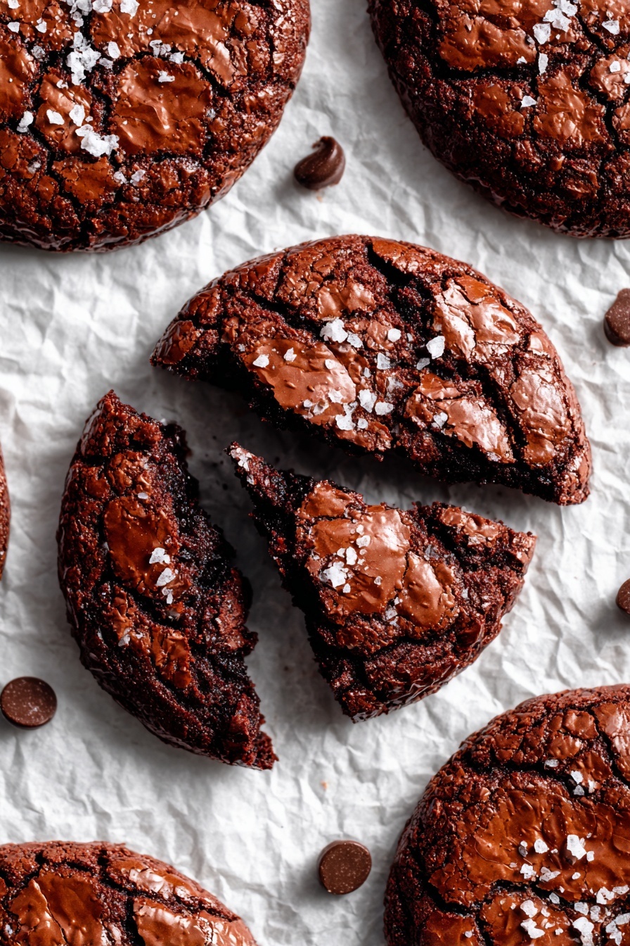Chewy Chocolate Brookies, Chocolate Brownie Cookies, Fudgy Chocolate Treats, Easy Brookies Recipe, Chocolate Dessert Ideas - The image shows several thick, round chocolate cookies with a shiny, cracked top layer scattered on a white marbled surface. One cookie in the center has a bite taken out, revealing a dark, moist, and rich chocolate inside that looks soft and dense. The cracked top has a mix of darker and lighter brown shades, with small white flakes sprinkled on some cookies. The cookies are arranged close together, emphasizing their chewy texture and glossy finish. photo taken with an iphone --ar 2:3 --v 7