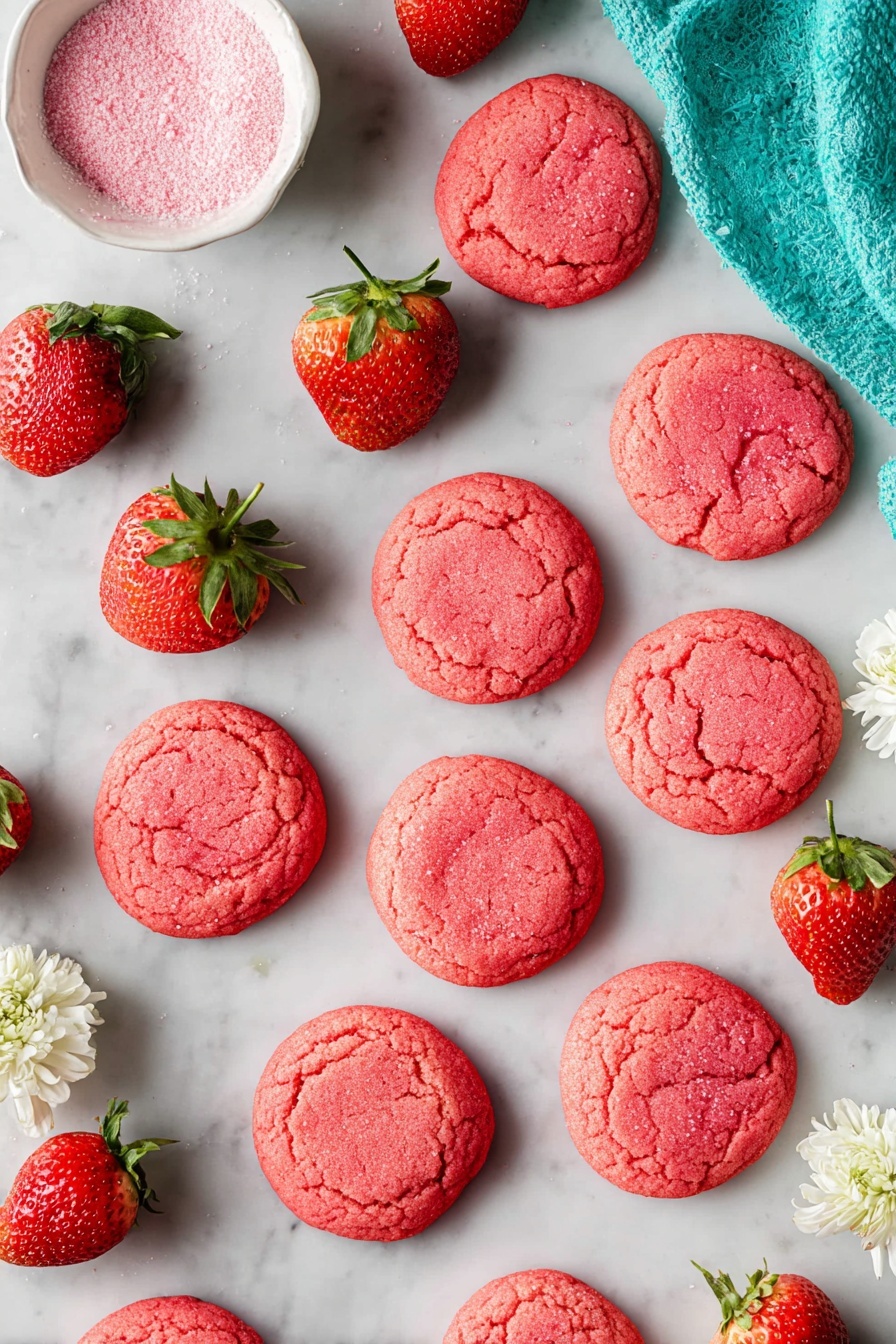 Strawberry Cookies with Freeze-Dried Strawberries, strawberry cookies recipe, freeze-dried strawberries baking, easy strawberry cookie recipe, fruity cookie ideas - The image shows a dozen bright pink round cookies with a slightly cracked texture on top, scattered on a white marbled surface. The cookies appear soft with a sugar dusting that adds a slight sparkle. Around the cookies are fresh red strawberries with green tops, spaced evenly, and a small white bowl filled with pink sugar or powder sits near the top left. Some small white flowers rest on the bottom left corner, and a folded turquoise cloth is partially visible in the top right corner. Photo taken with an iphone --ar 2:3 --v 7
